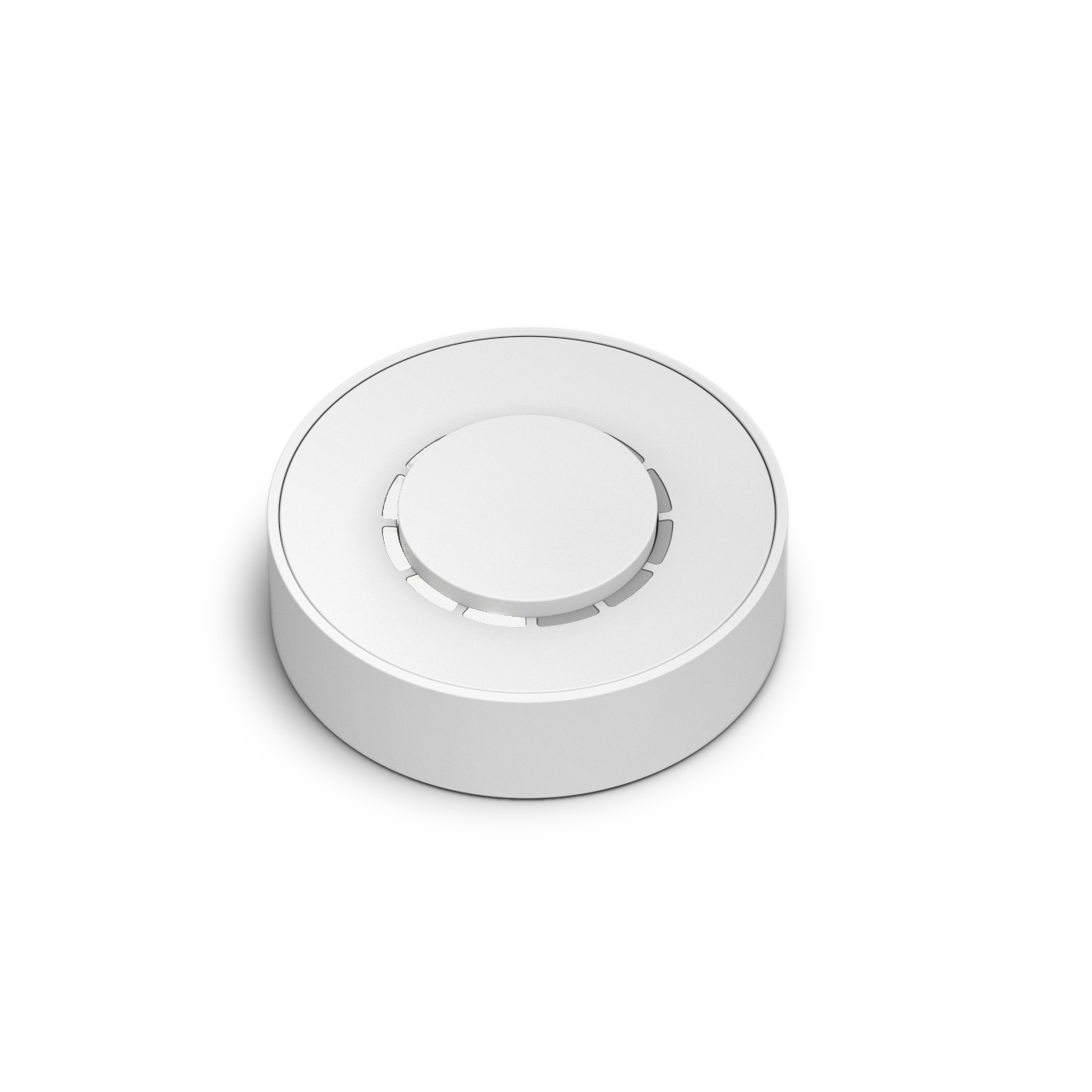 A white, circular smoke detector on a black background.