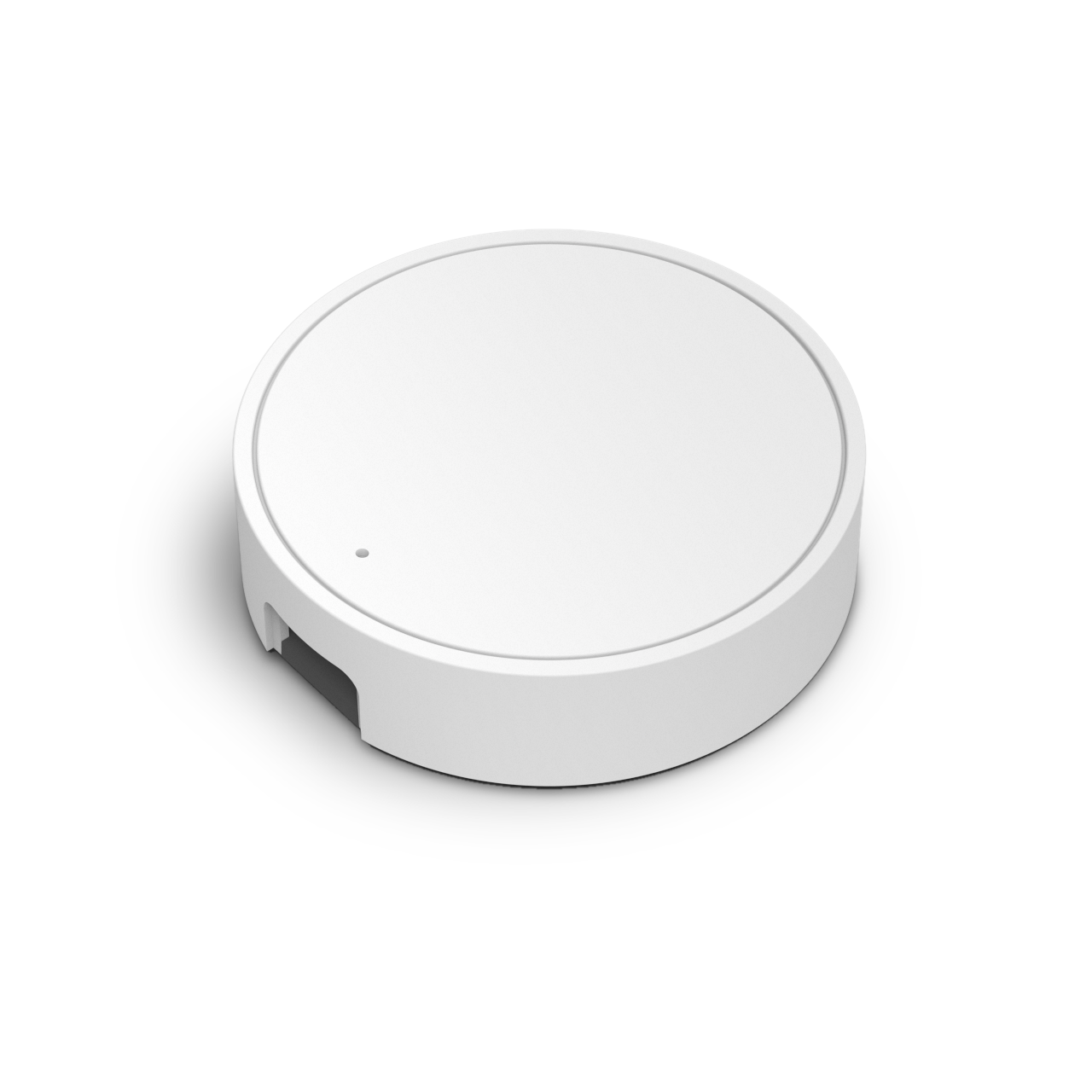 White, circular device with a small dark opening. A small light is visible on the top.
