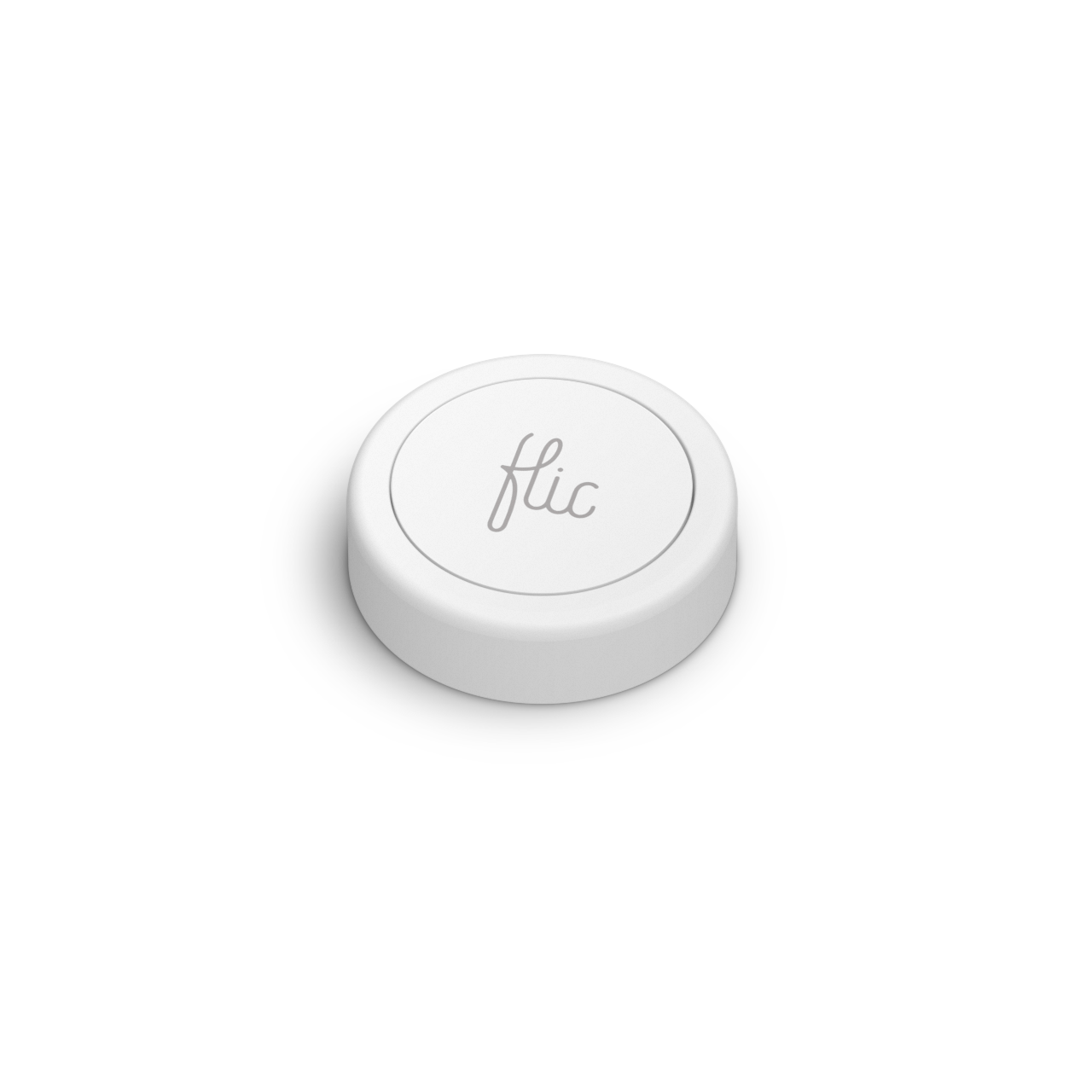 White Flic button with the 'flic' logo, centered on a black background. Simple, clean design.