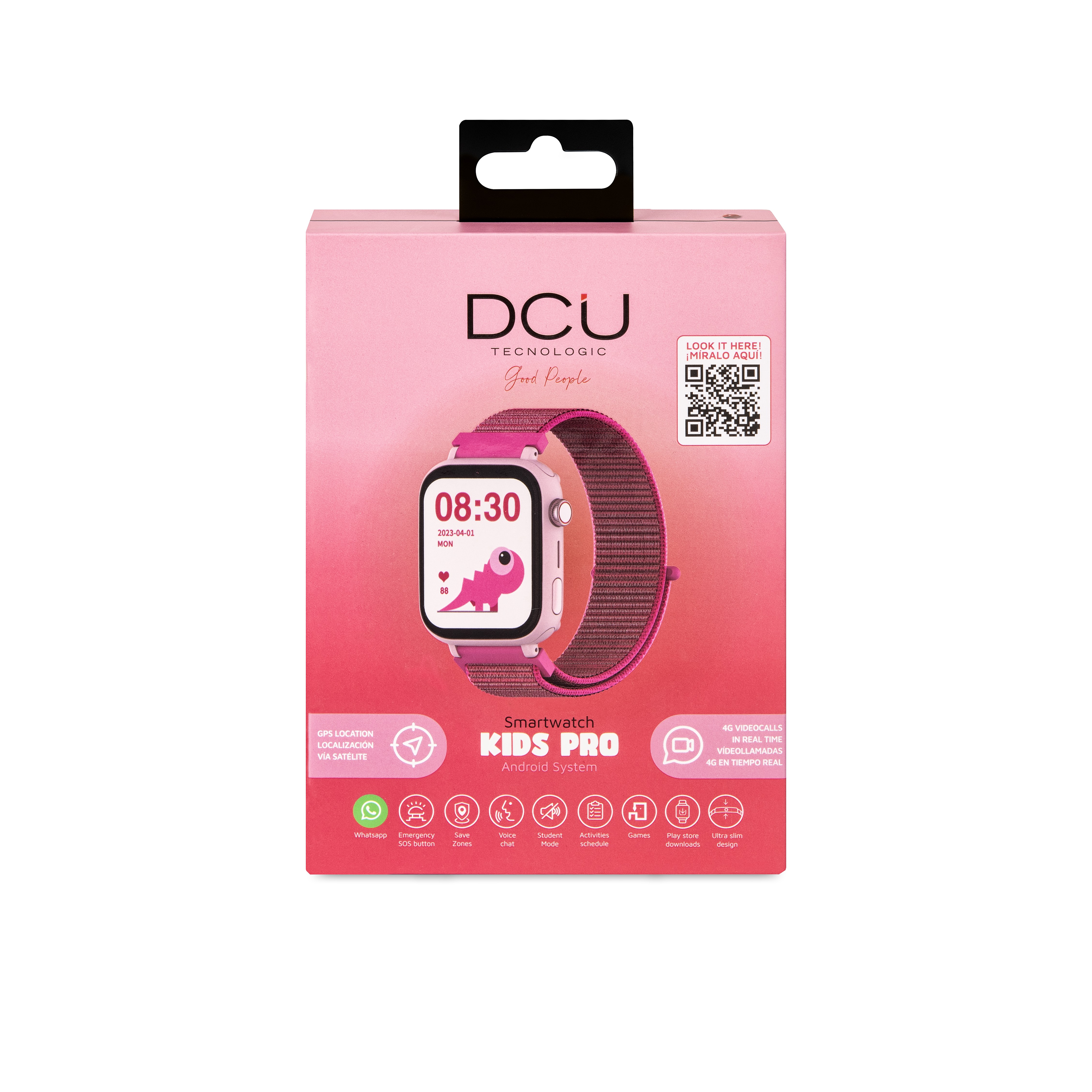 Różowe pudełko smartwatch z zegarkiem, różowym paskiem i wyświetlaczem.