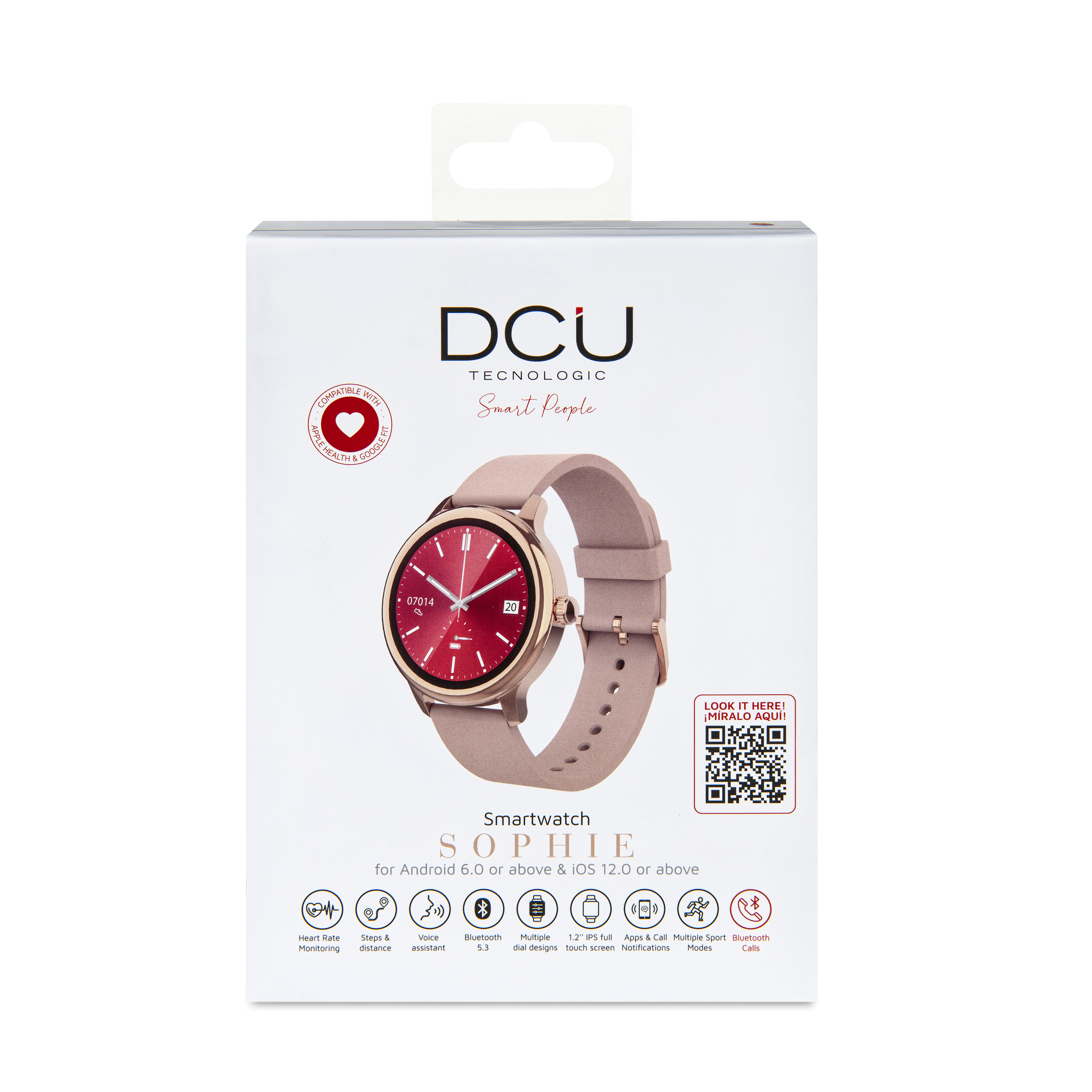 Różowe pudełko smartwatcha DCU Sophie, pokazujące smartwatch z różowym paskiem i czerwonym ekranem, białe tło.