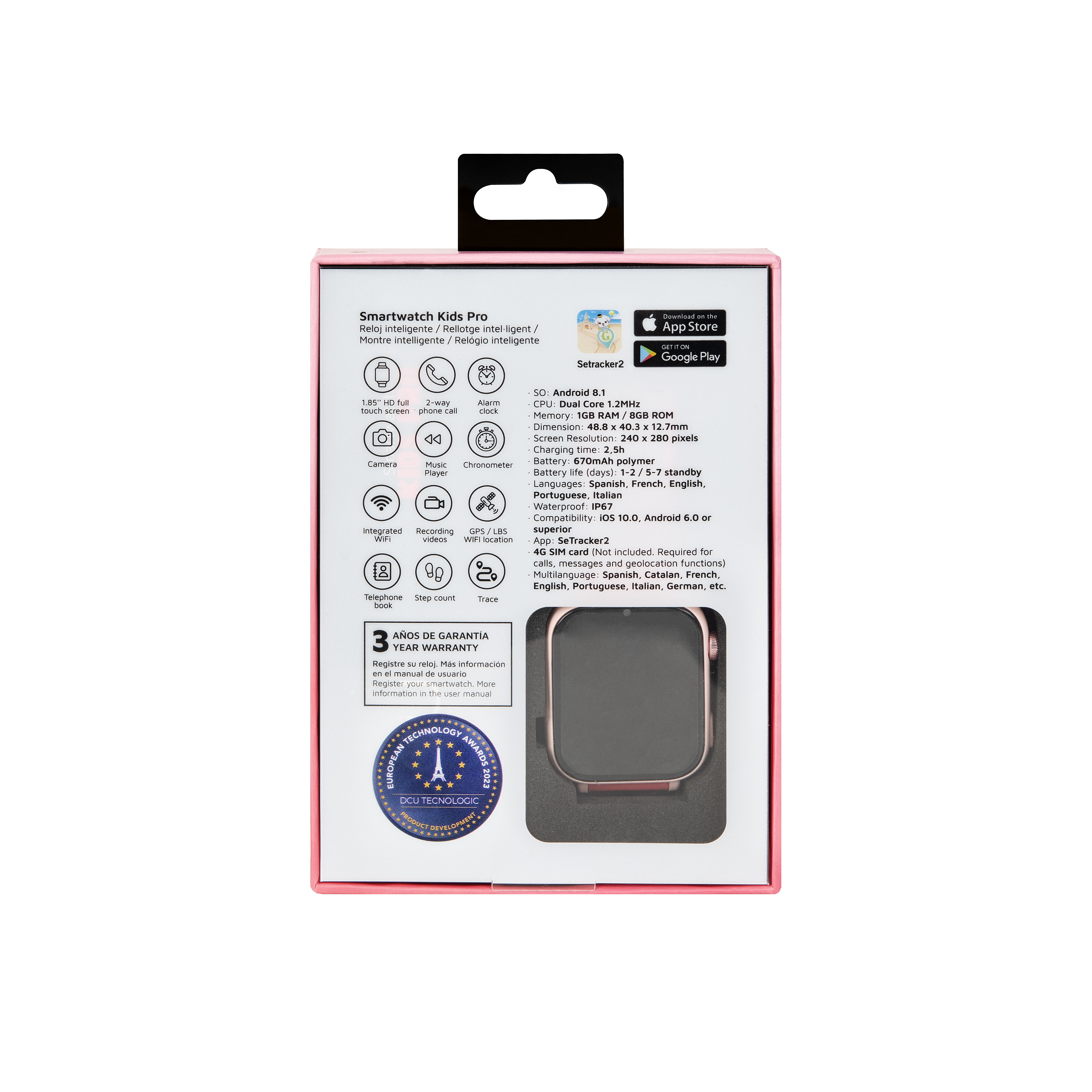 Pudełko smartwatcha, różowe, widoczne szczegóły i tarcza. Białe tło.