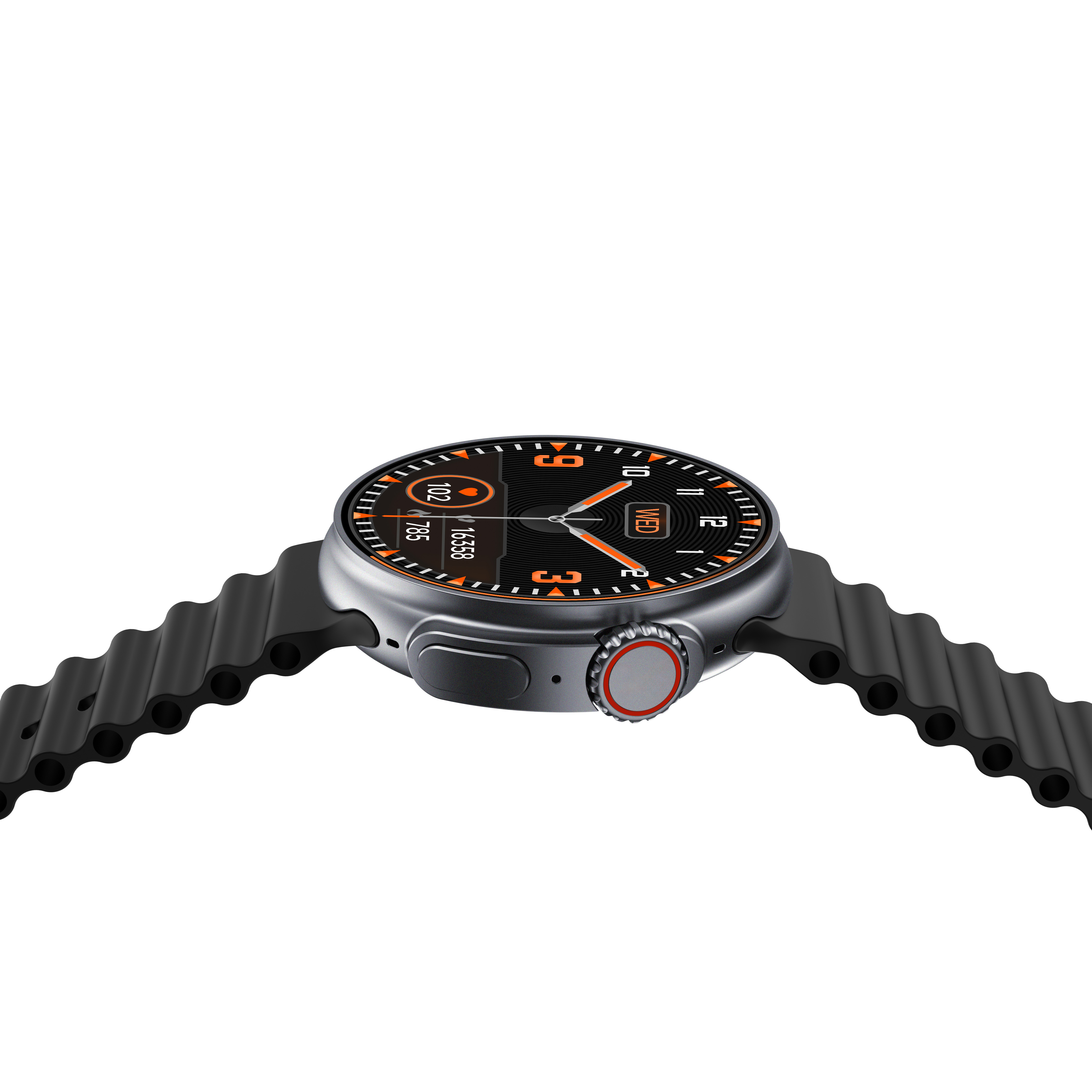Smartwatch: correa negra, caja plateada, acentos naranja, esfera negra.