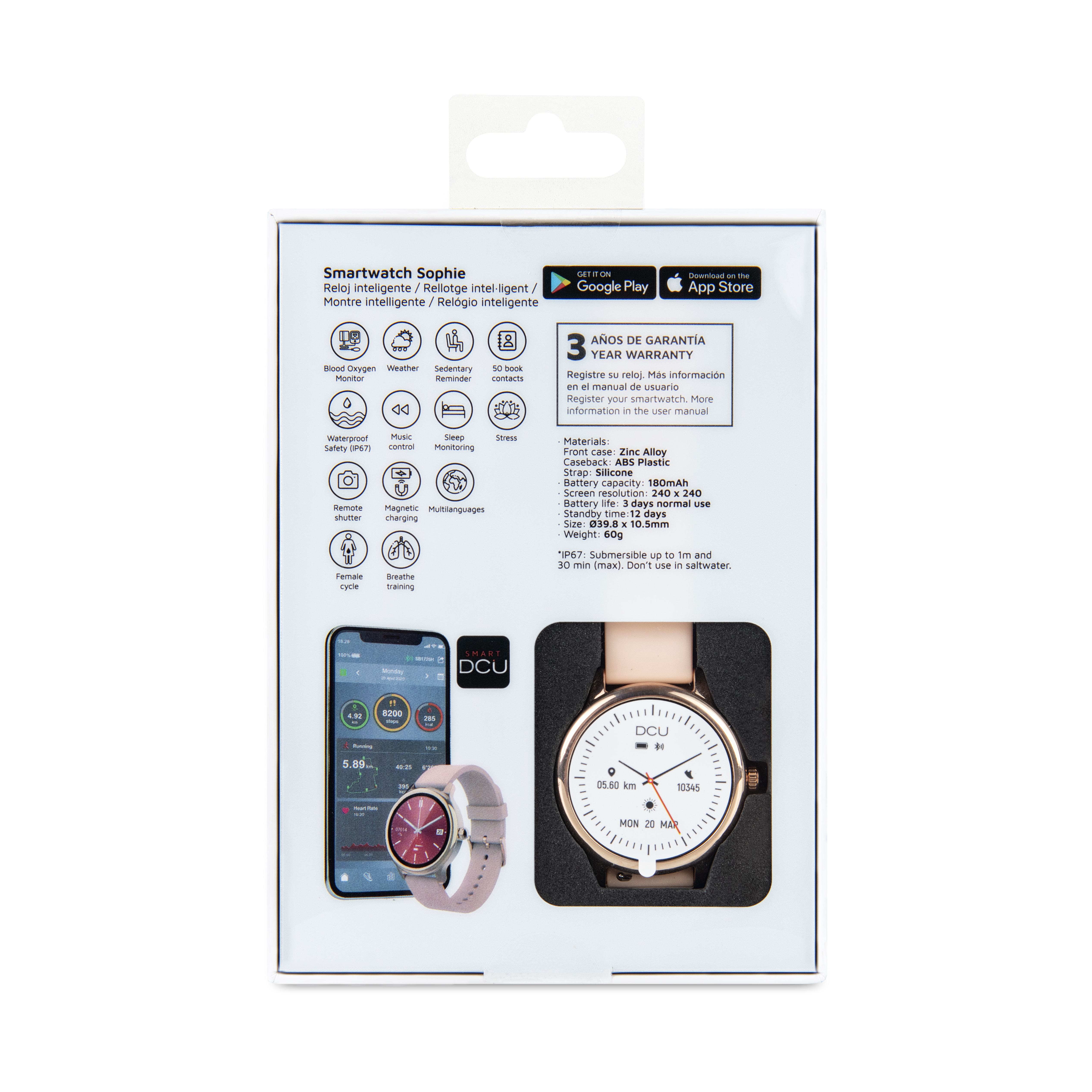 Pudełko smartwatcha, widoczny zegarek, z ikonami i tekstem opisującym funkcje.