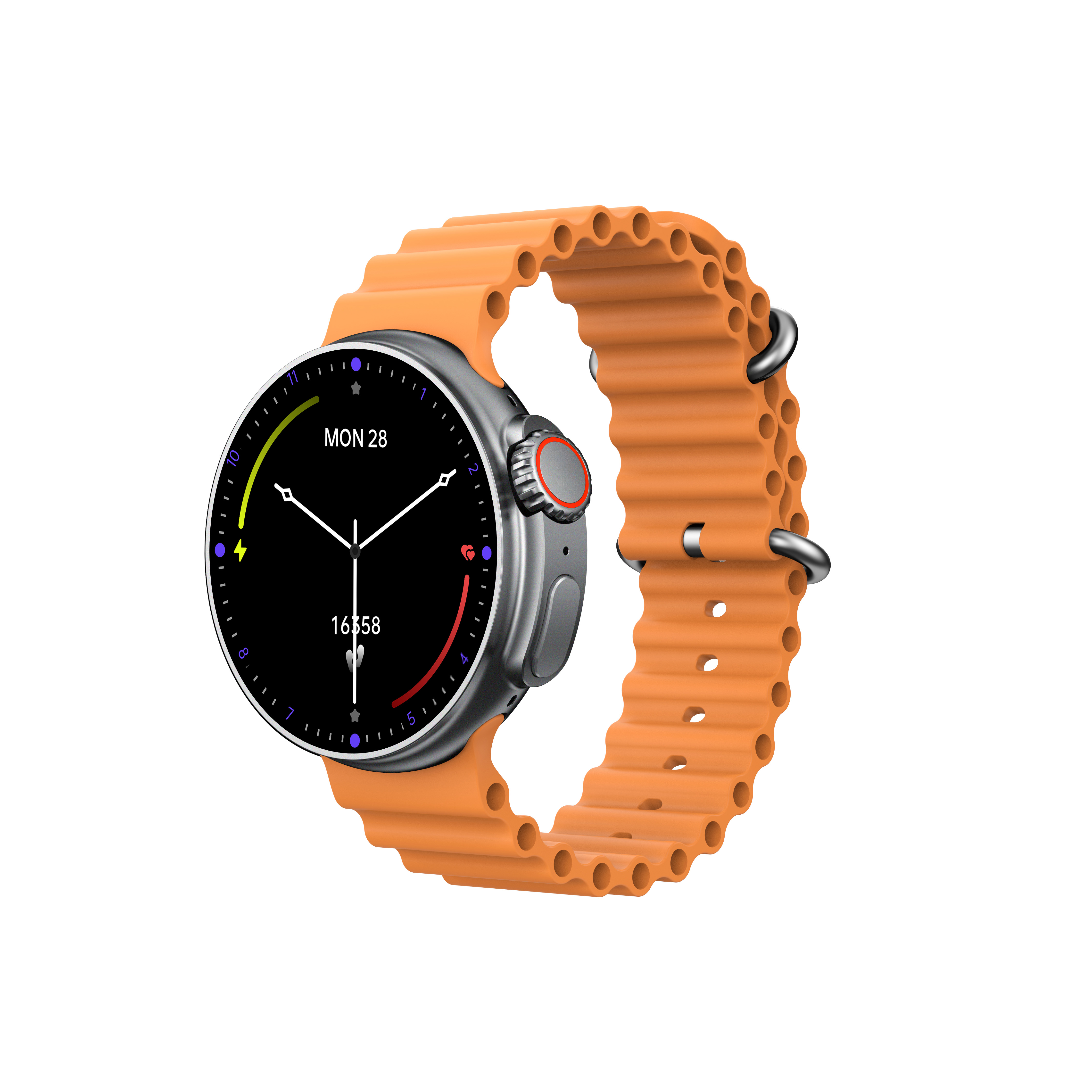 Reloj inteligente naranja con pantalla negra que muestra la fecha y hora.