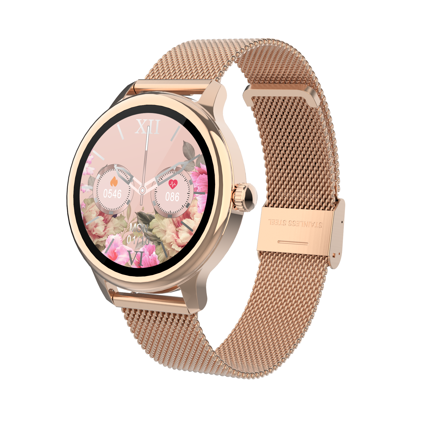 Zegarek smartwatch w kolorze różowego złota z kwiatowym wyświetlaczem i siatkowym paskiem.