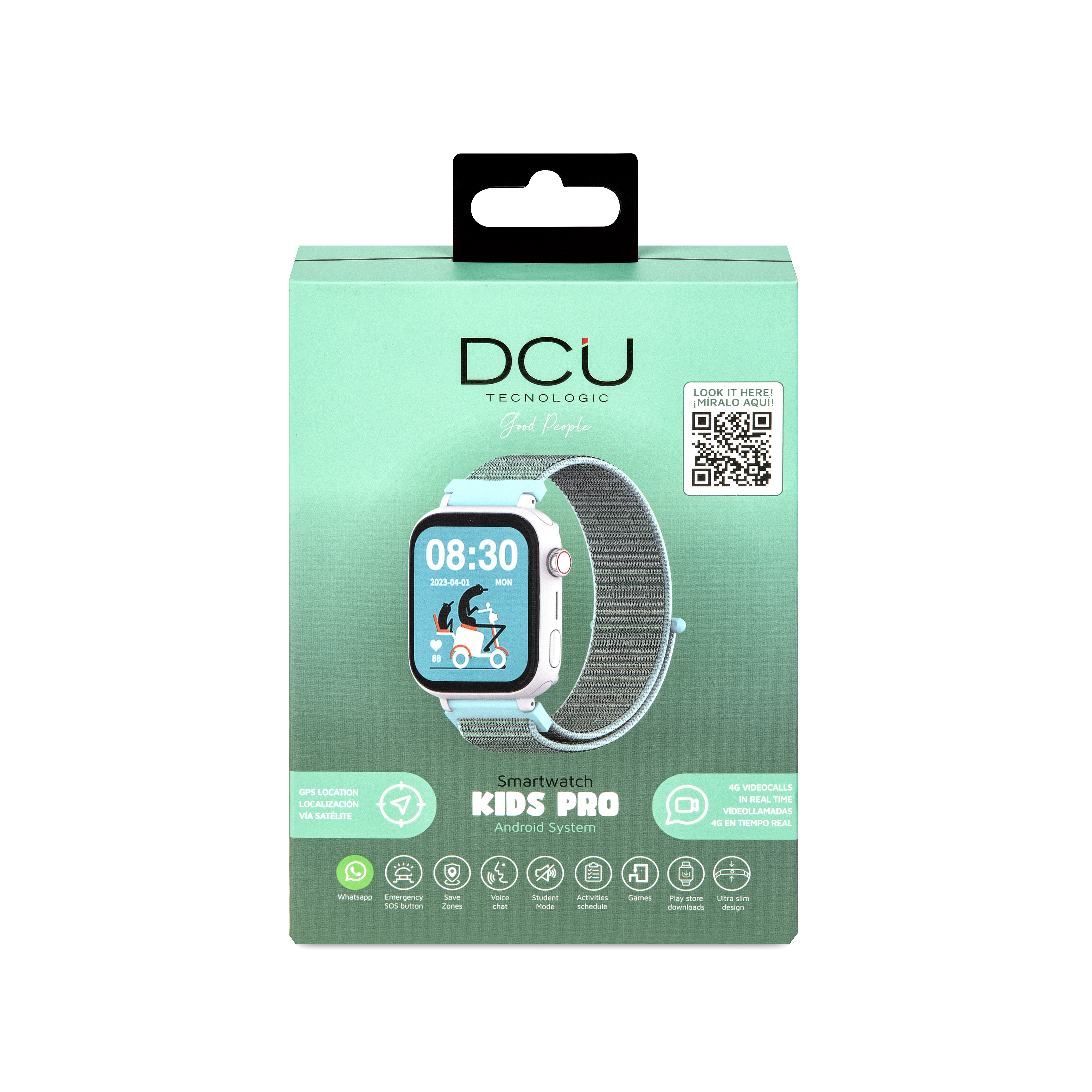 Pudełko smartwatcha z zegarkiem. Pudełko jest jasnoniebieskie, a zegarek niebiesko-biały.