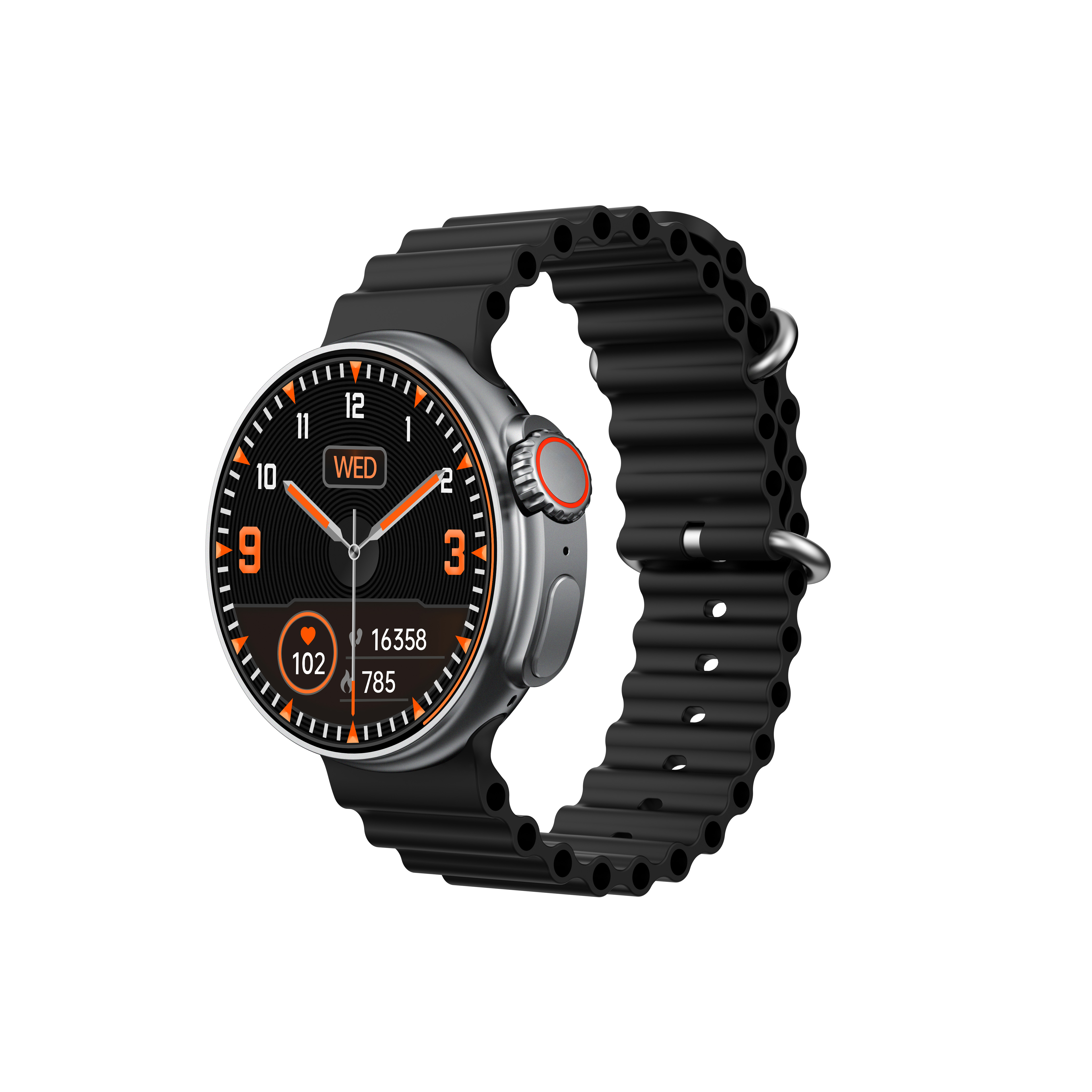 Reloj inteligente plateado con correa negra mostrando hora, pasos y frecuencia cardíaca.
