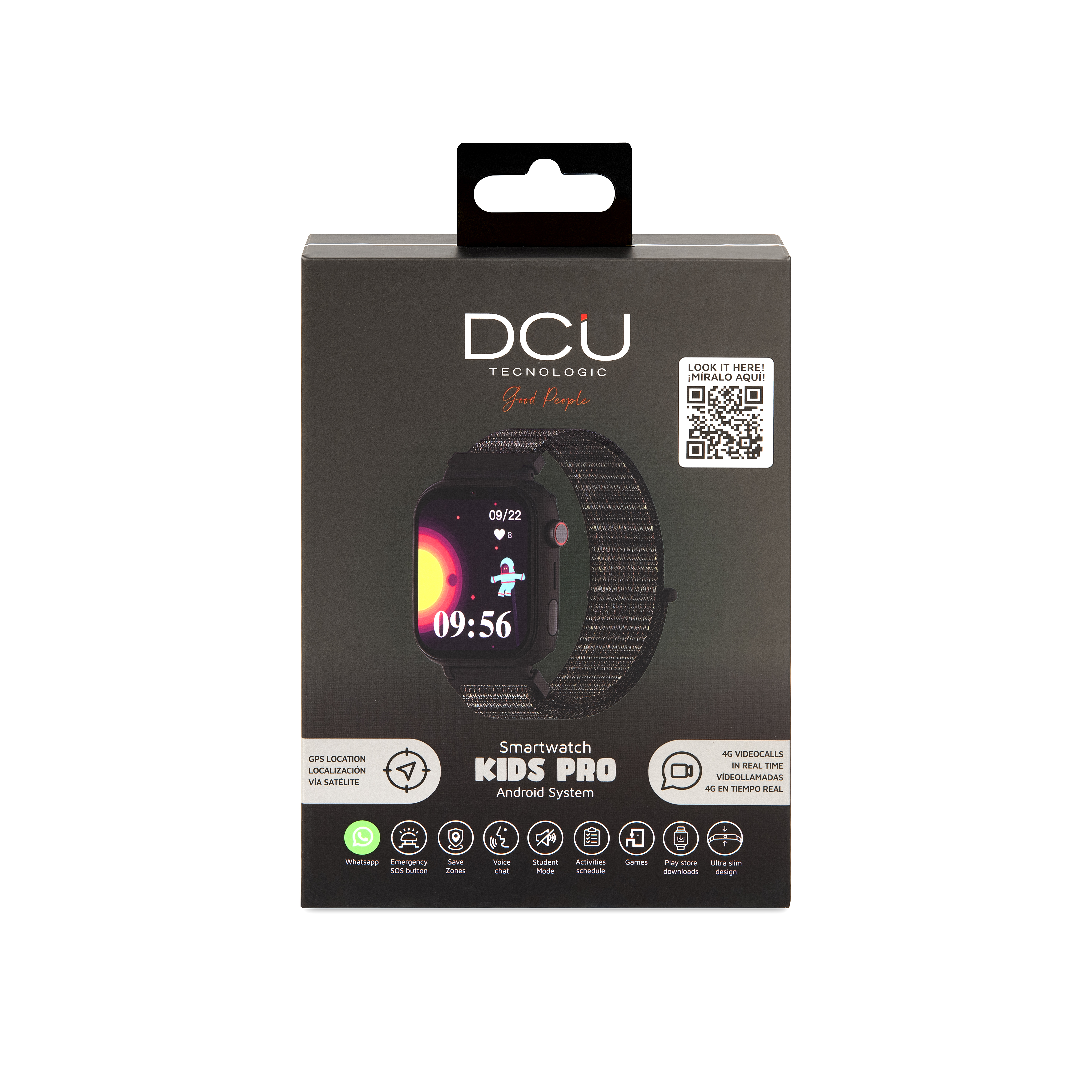 Pudełko smartwatcha z smartwatchem z czarnym paskiem.