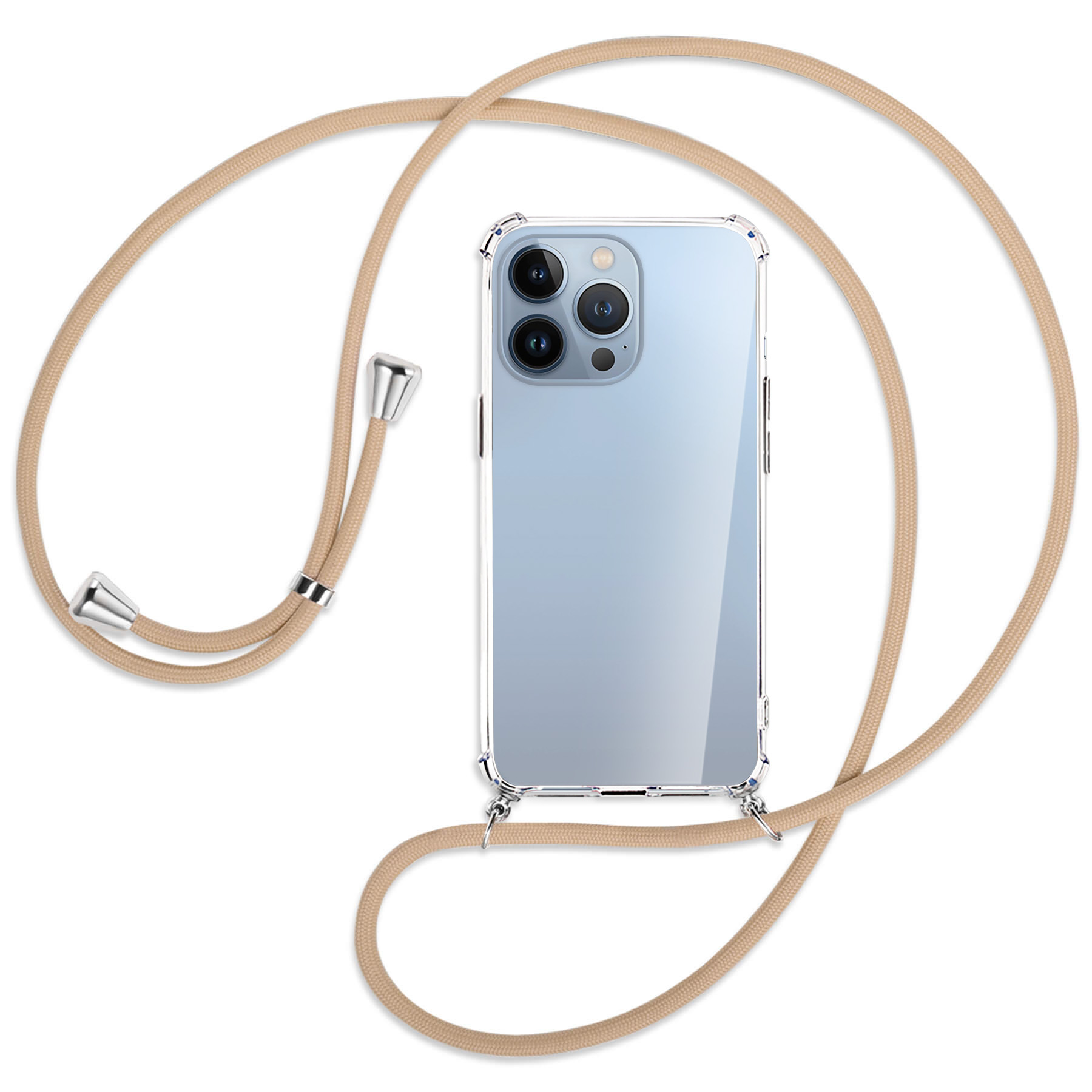 Telefon mit klarer Hülle und Lanyard. Beiges Kabel mit silbernen Akzenten. Telefon hat drei Kameras.