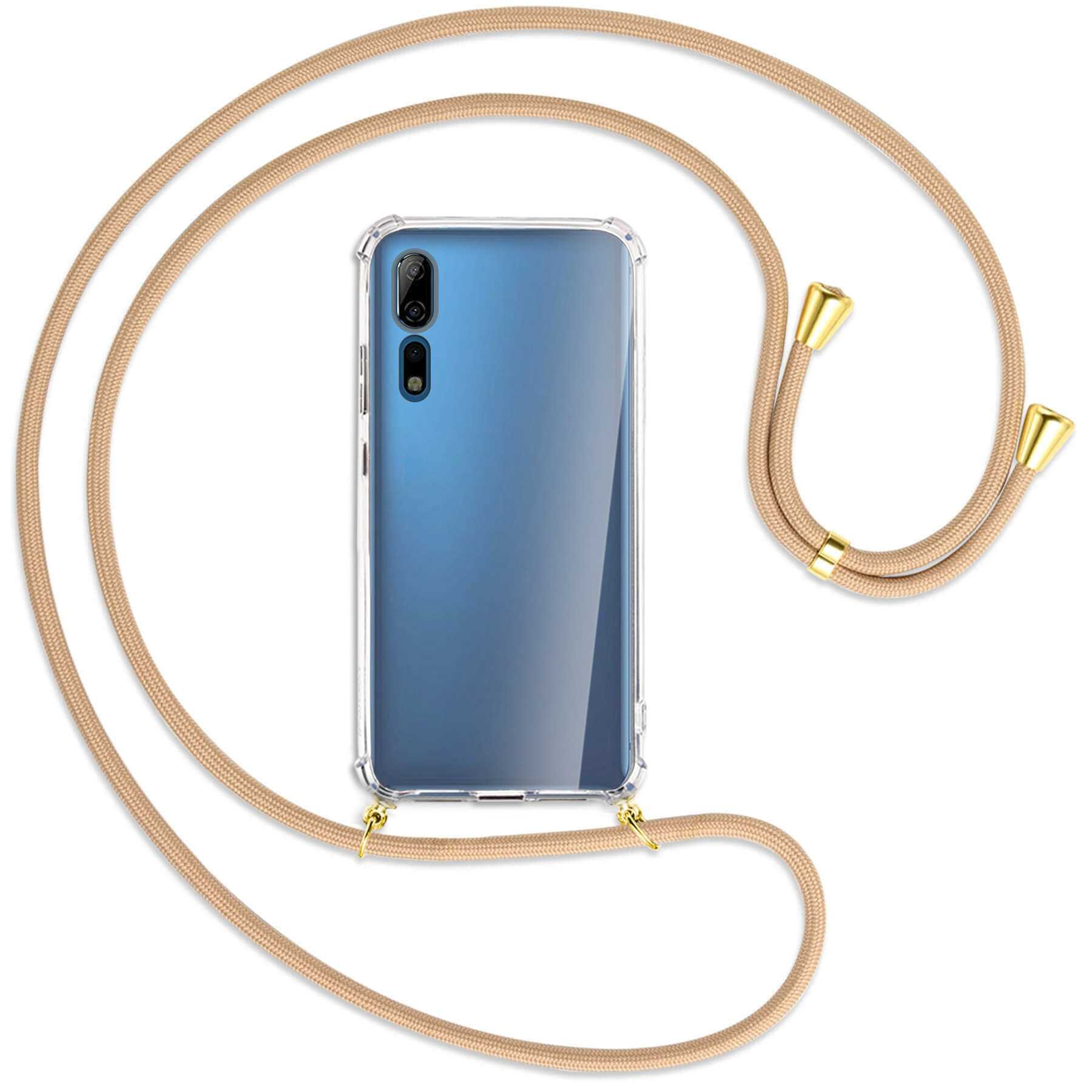 Telefon in klarer Hülle mit beigefarbenem Umhängeband.