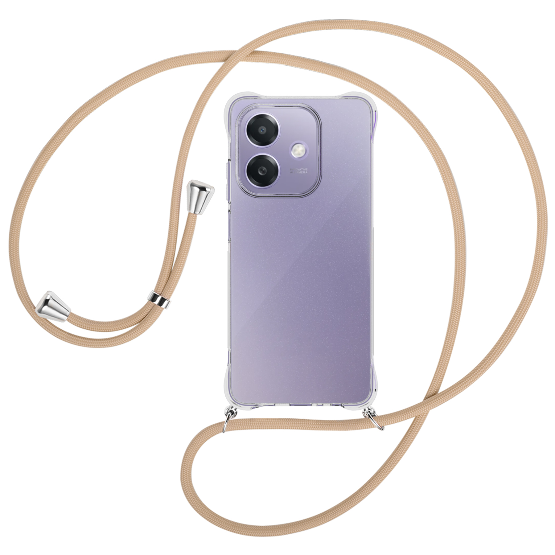 Telefon in einer transparenten Hülle mit einem beigefarbenen Riemen. Der Hintergrund ist weiß.