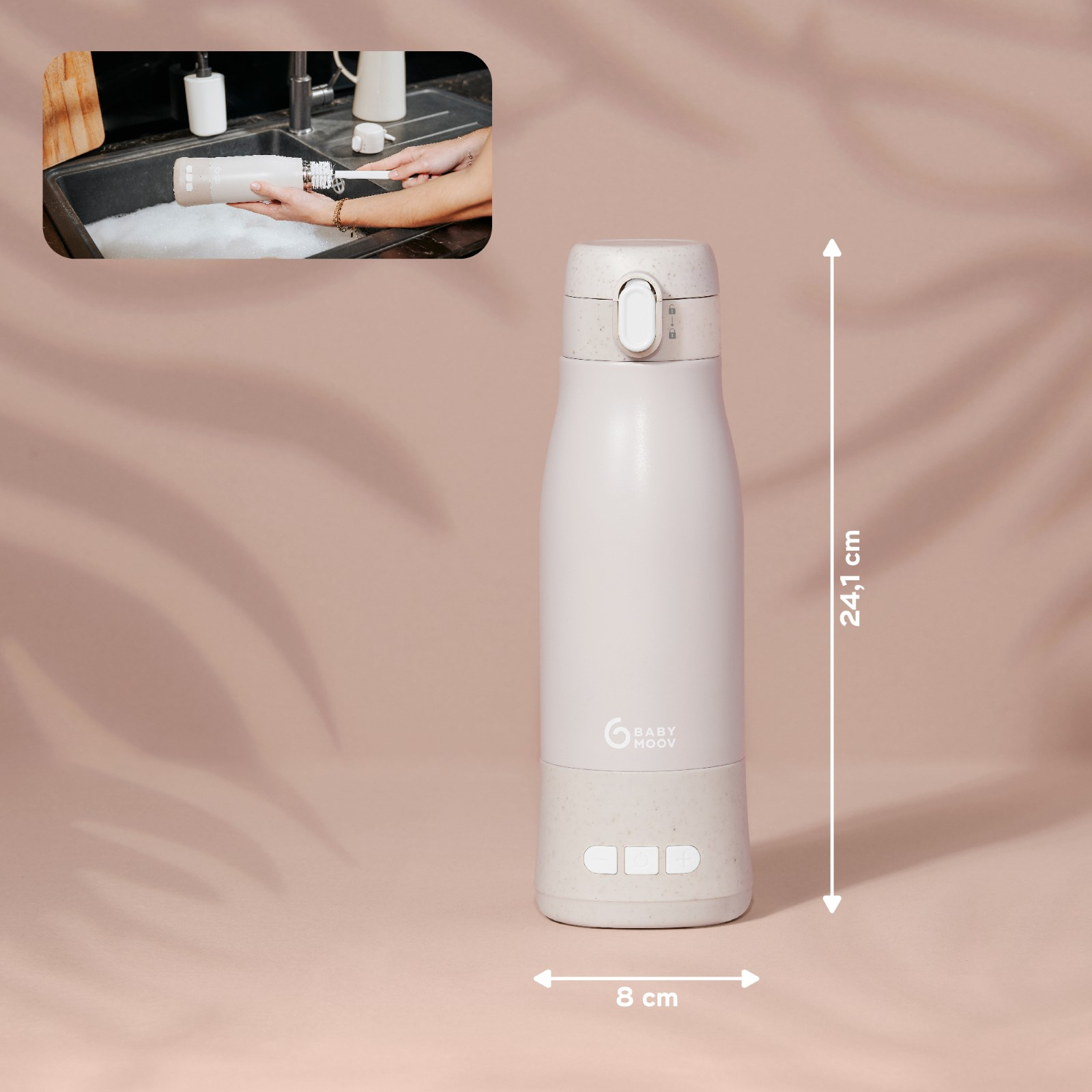 Weiße und beige Babyflasche mit Abmessungen und einem kleinen Bild eines Babys.
