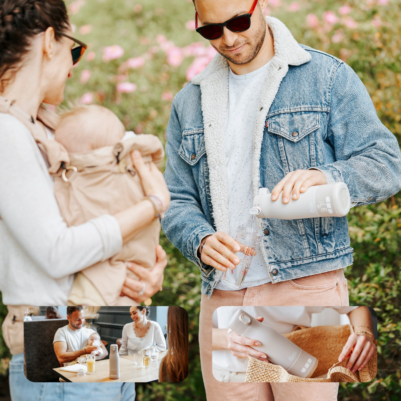 Eine Familie im Freien mit einem Baby. Ein Mann gießt Wasser in ein Glas. Weitere Bilder der Familie.