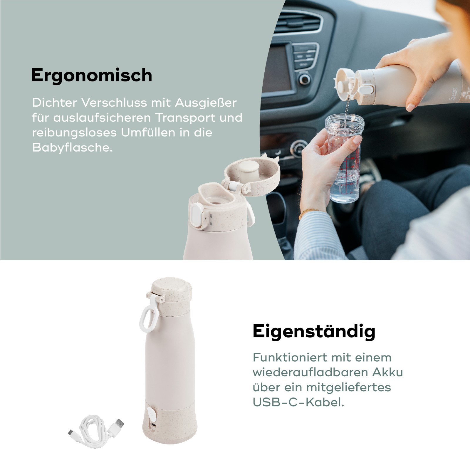 Eine Person gießt Wasser aus einer beigefarbenen Wasserflasche in einen Becher. USB-C-Kabel.