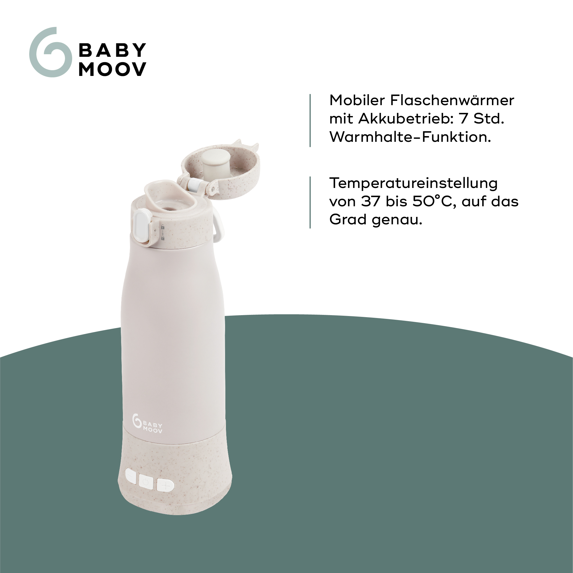 Ein tragbarer Babyflaschenwärmer mit Flasche und Text, der Funktionen beschreibt, auf grünem Grund.