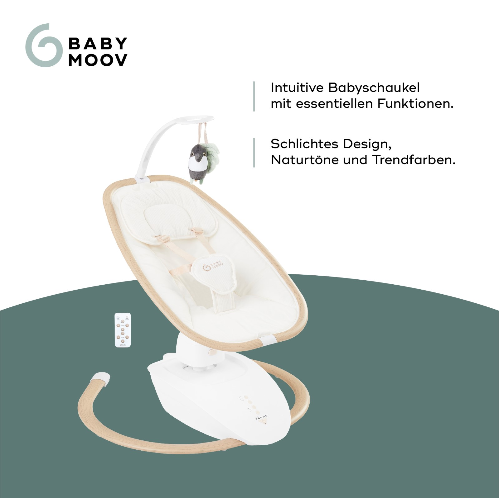 Eine Babyschaukel mit weißer Basis, cremefarbener Schaukel und einem hängenden Spielzeug. Weißer Hintergrund.