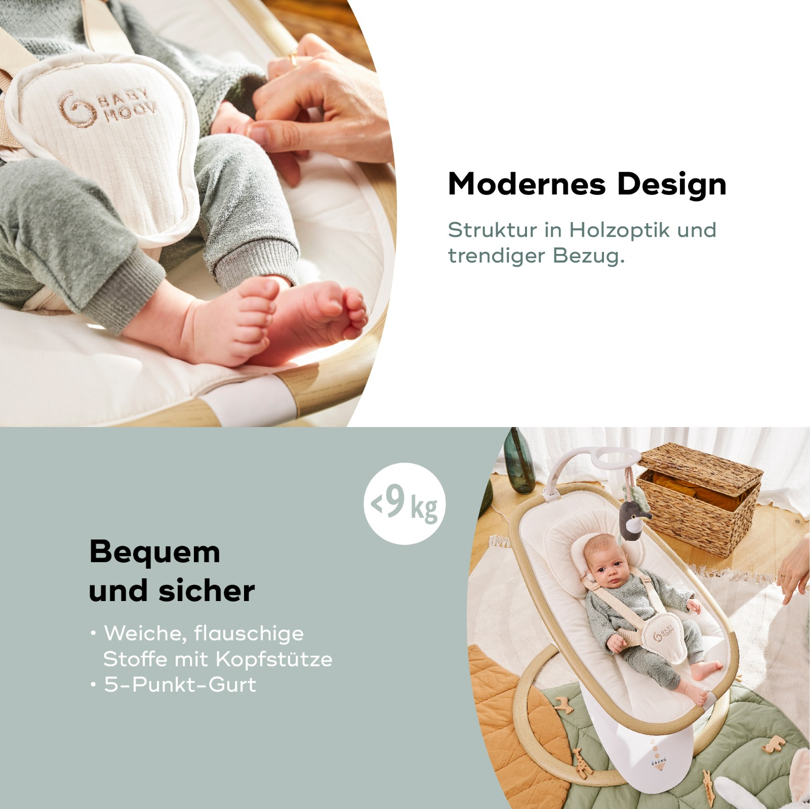 Baby in der Wippe, Hand einer Frau. Text: bequem und sicher. Hintergrund: Raumeinstellung.