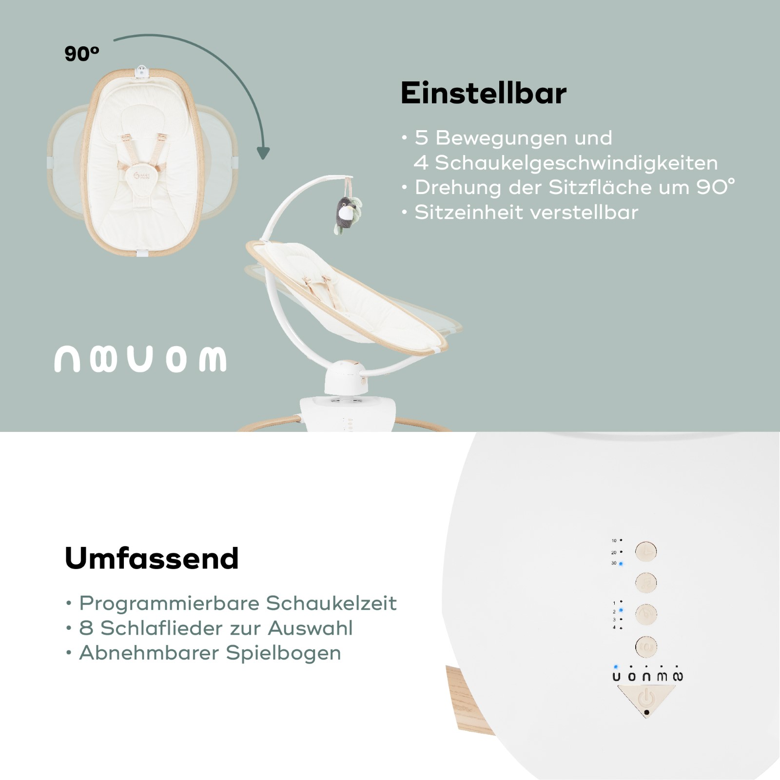 Babyschaukel mit einstellbaren Funktionen, einschließlich Bewegung, Geschwindigkeiten und Drehung, mit Steuertasten.