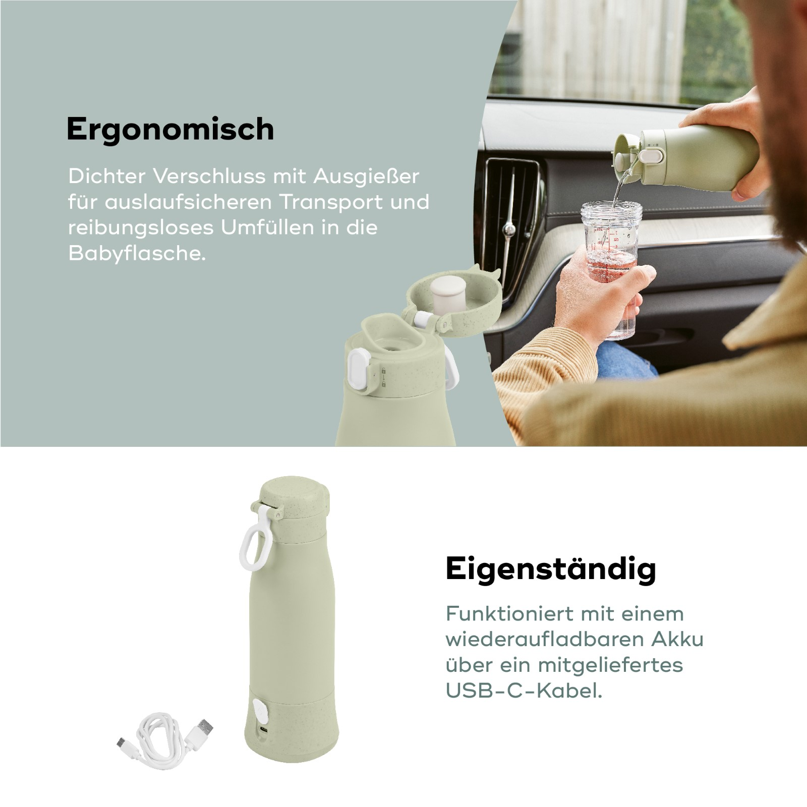Eine grüne Flasche mit Ausguss und ein weißes USB-C-Kabel auf weißem Hintergrund.