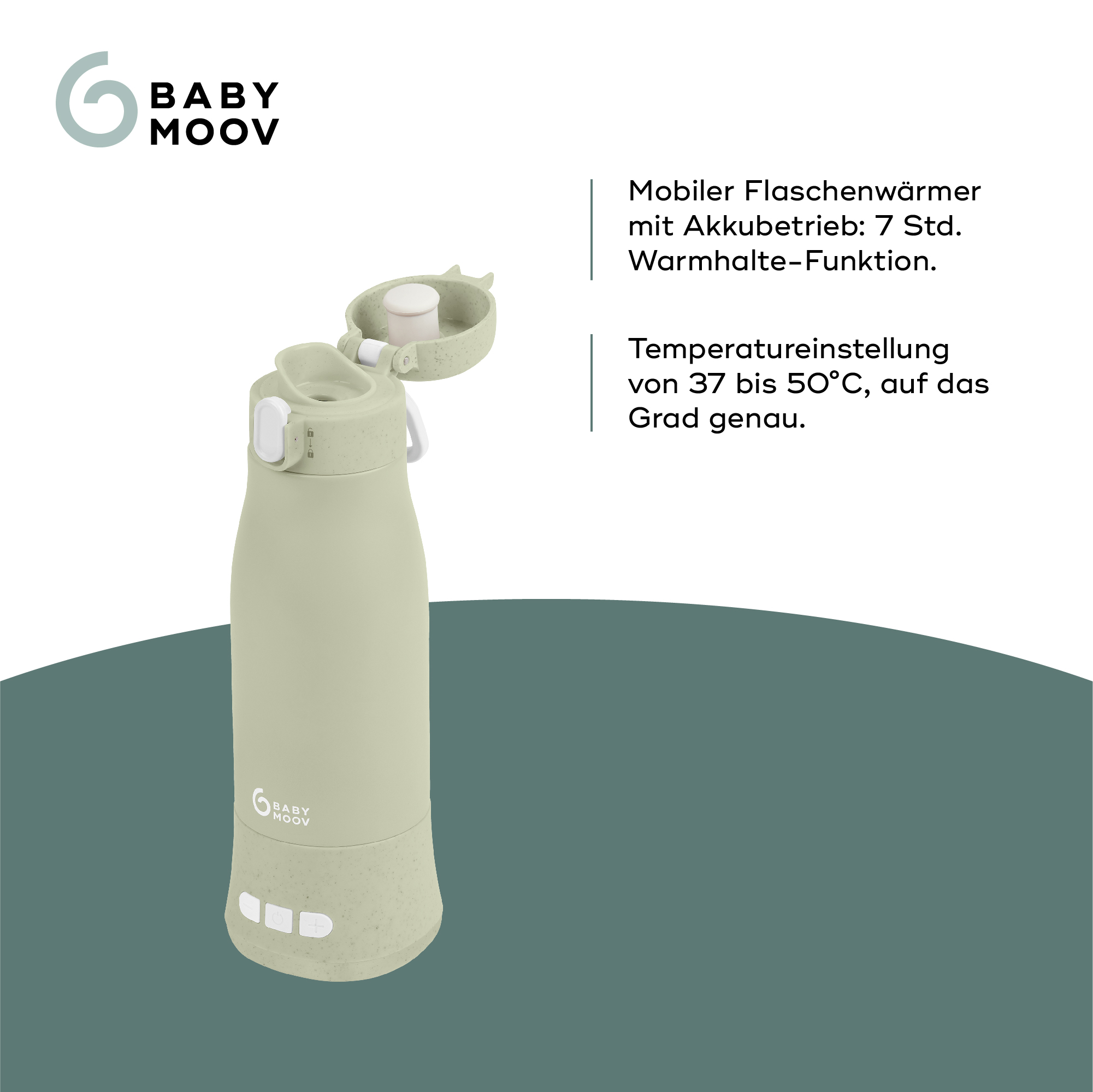 Ein Baby-Flaschenwärmer. Es ist grün und hat einen weißen Deckel. Text: BABY MOOV. Der Hintergrund ist grün.