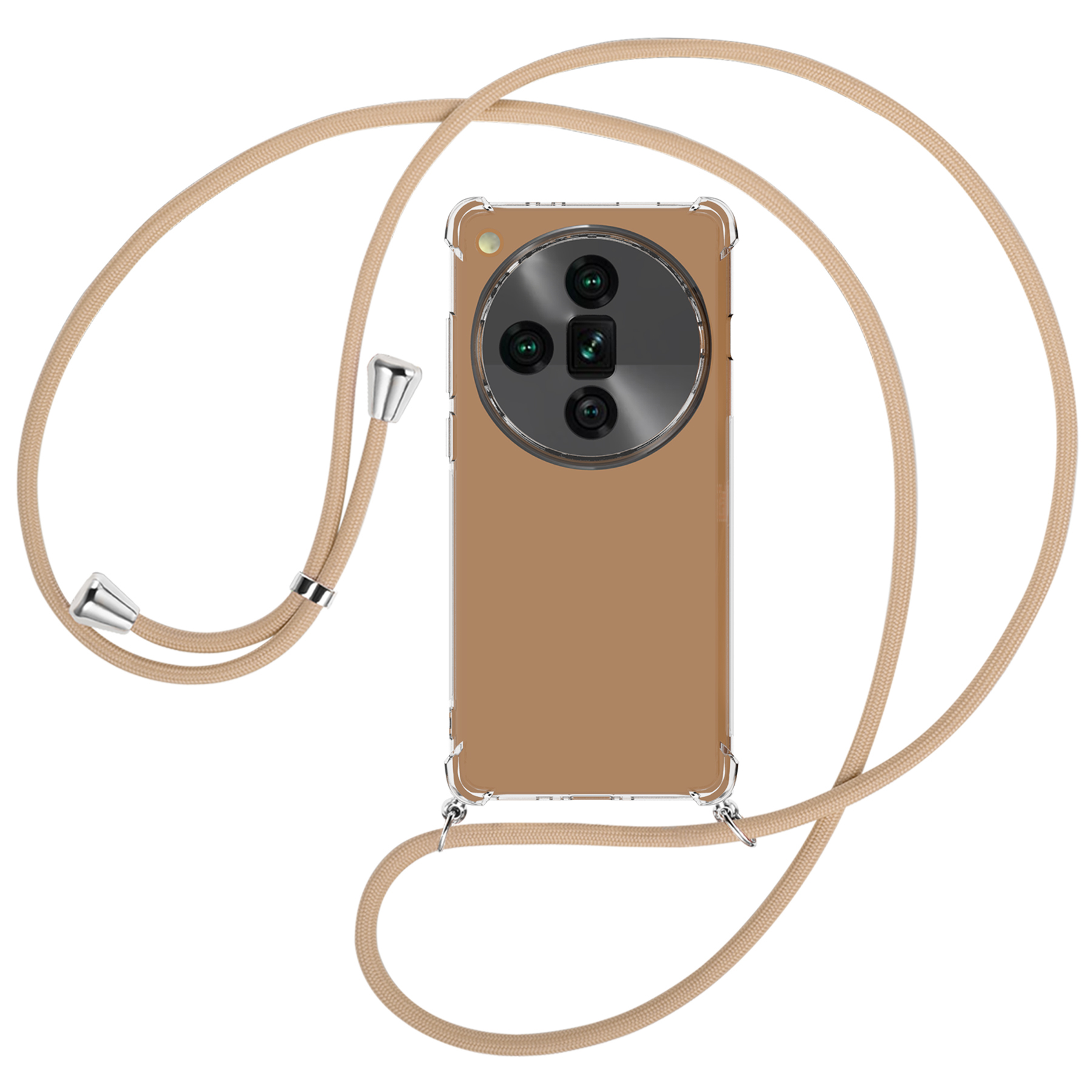 Telefon in transparenter Hülle mit beigefarbenem Lanyard. Telefon hat drei Kameras.