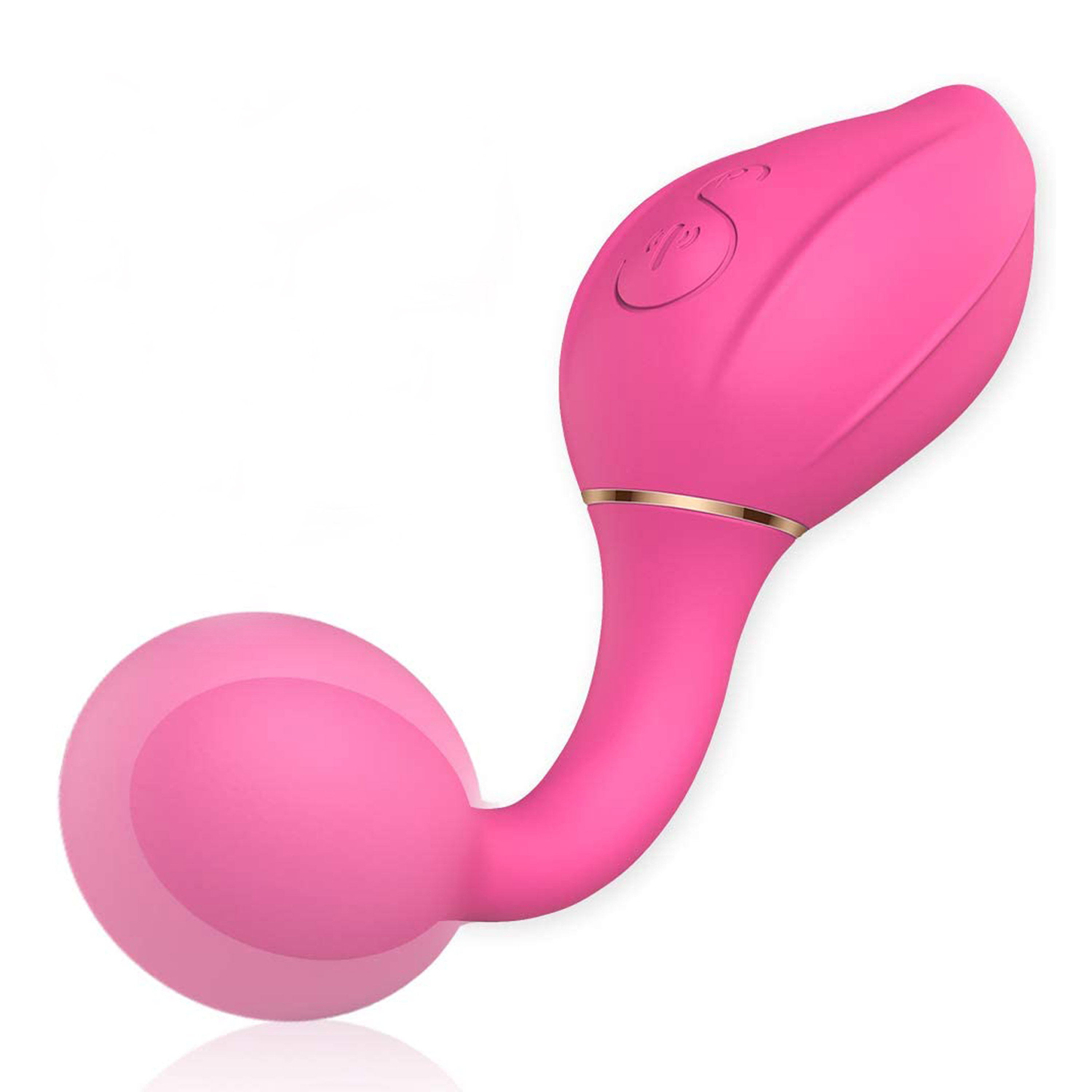 Ein pinkfarbener Vibrator mit geschwungenem Design. Er hat ein bauchiges Ende und einen gebogenen Stiel.