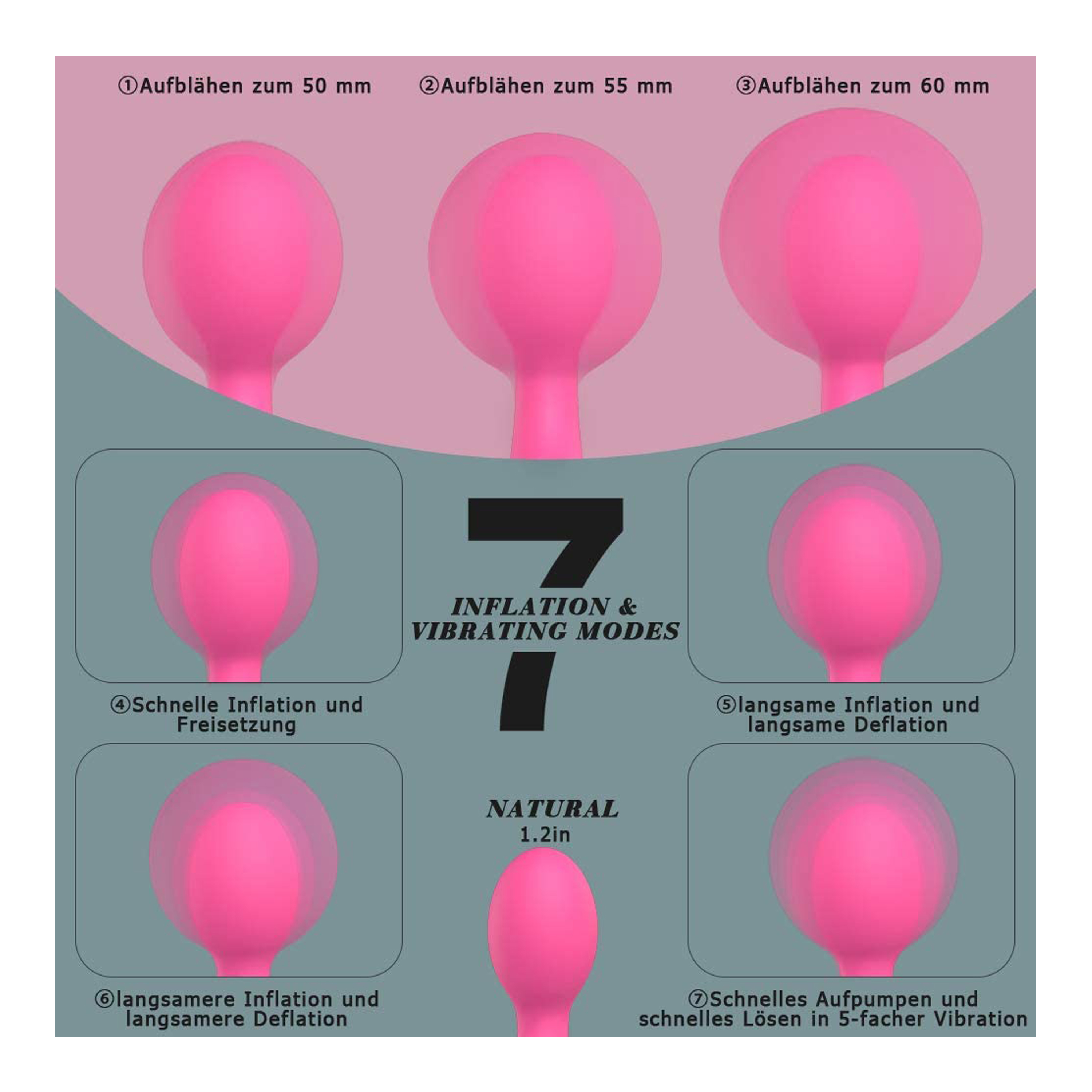 Sieben pinkfarbene aufblasbare Geräte in verschiedenen Formen. Text lautet '7 Inflation & Vibrating Modes'.