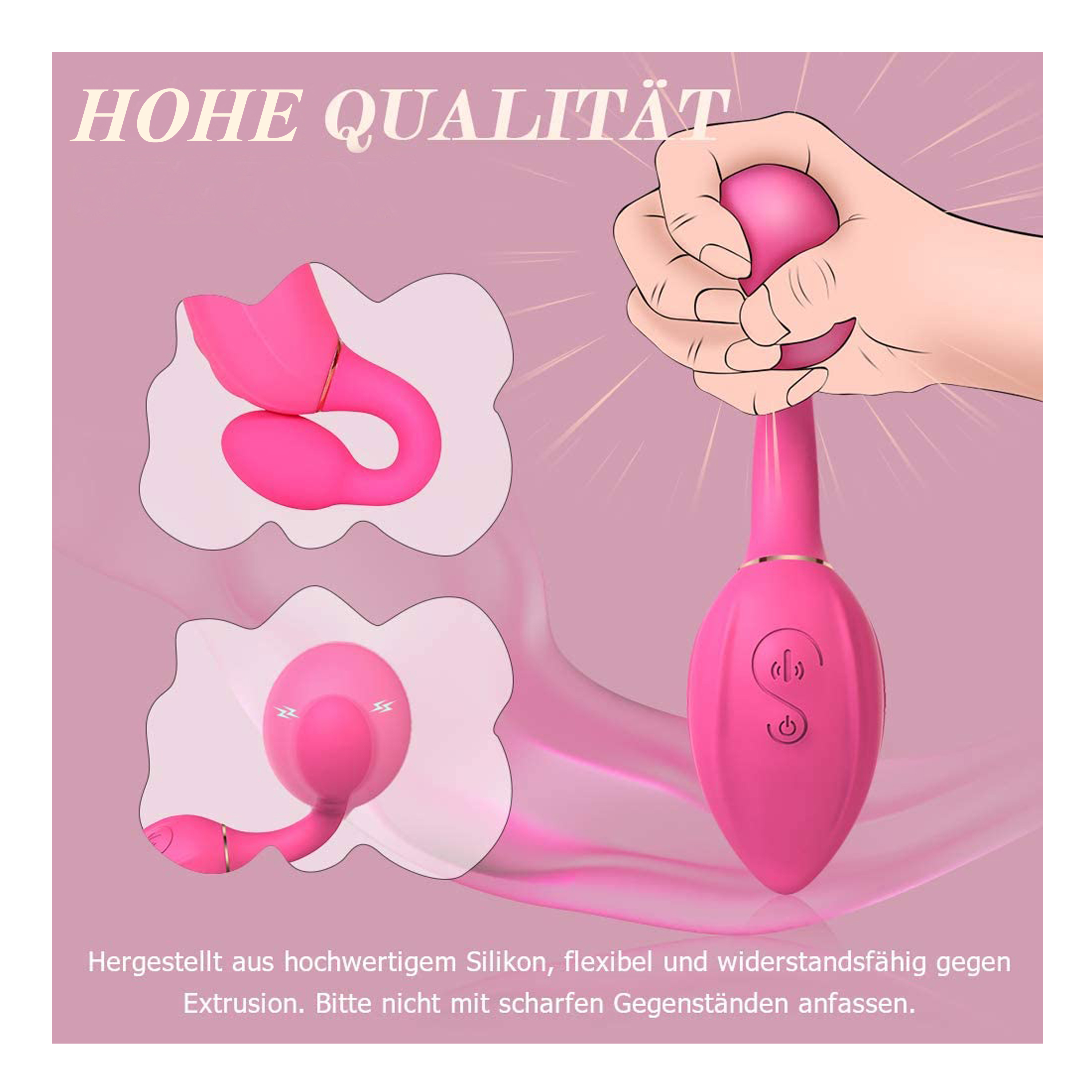 Ein rosa Sexspielzeug, mit einer Hand, die die Basis hält, und zwei weitere Ansichten des Produkts.