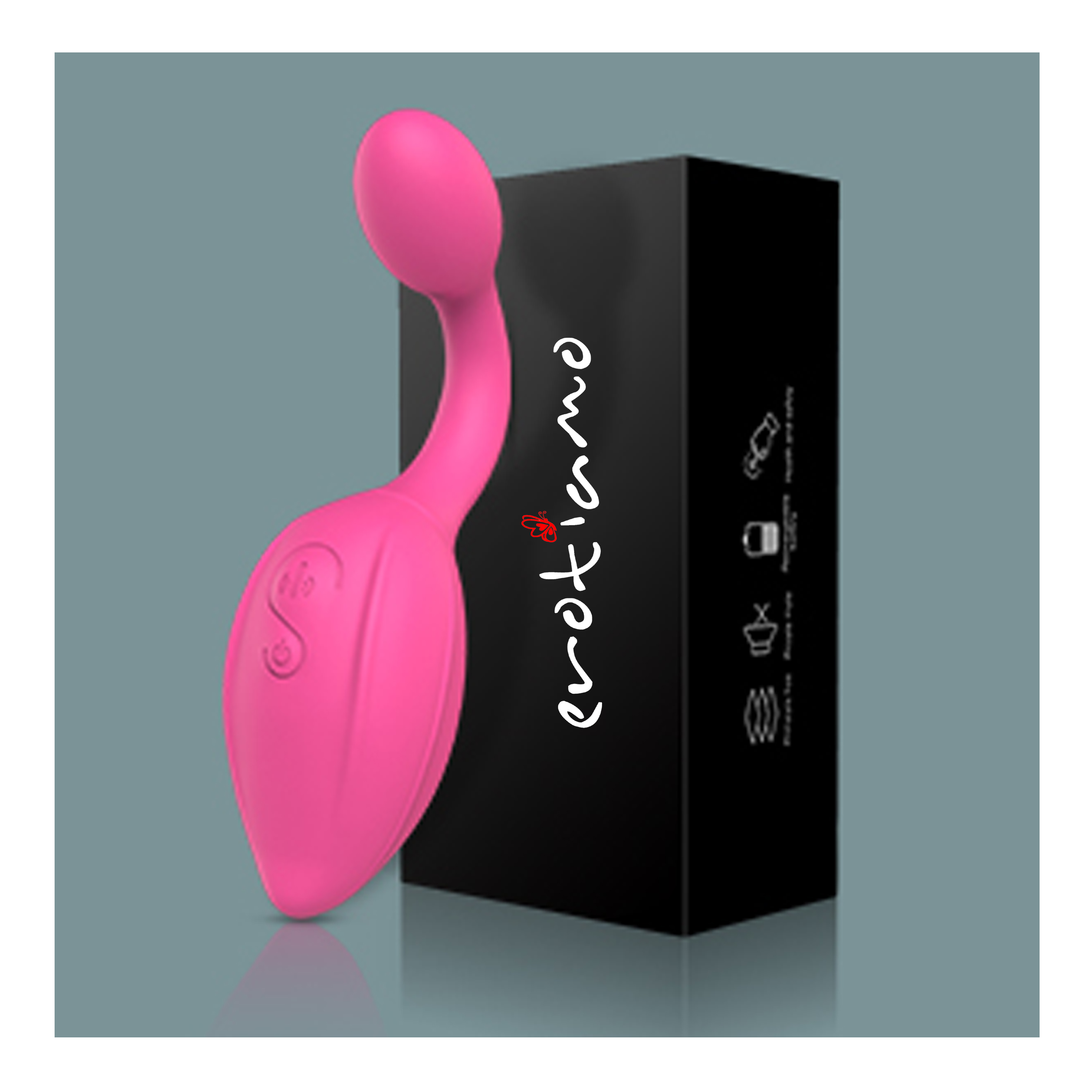 Pinker Vibrator neben einer schwarzen Box mit weißem Text.