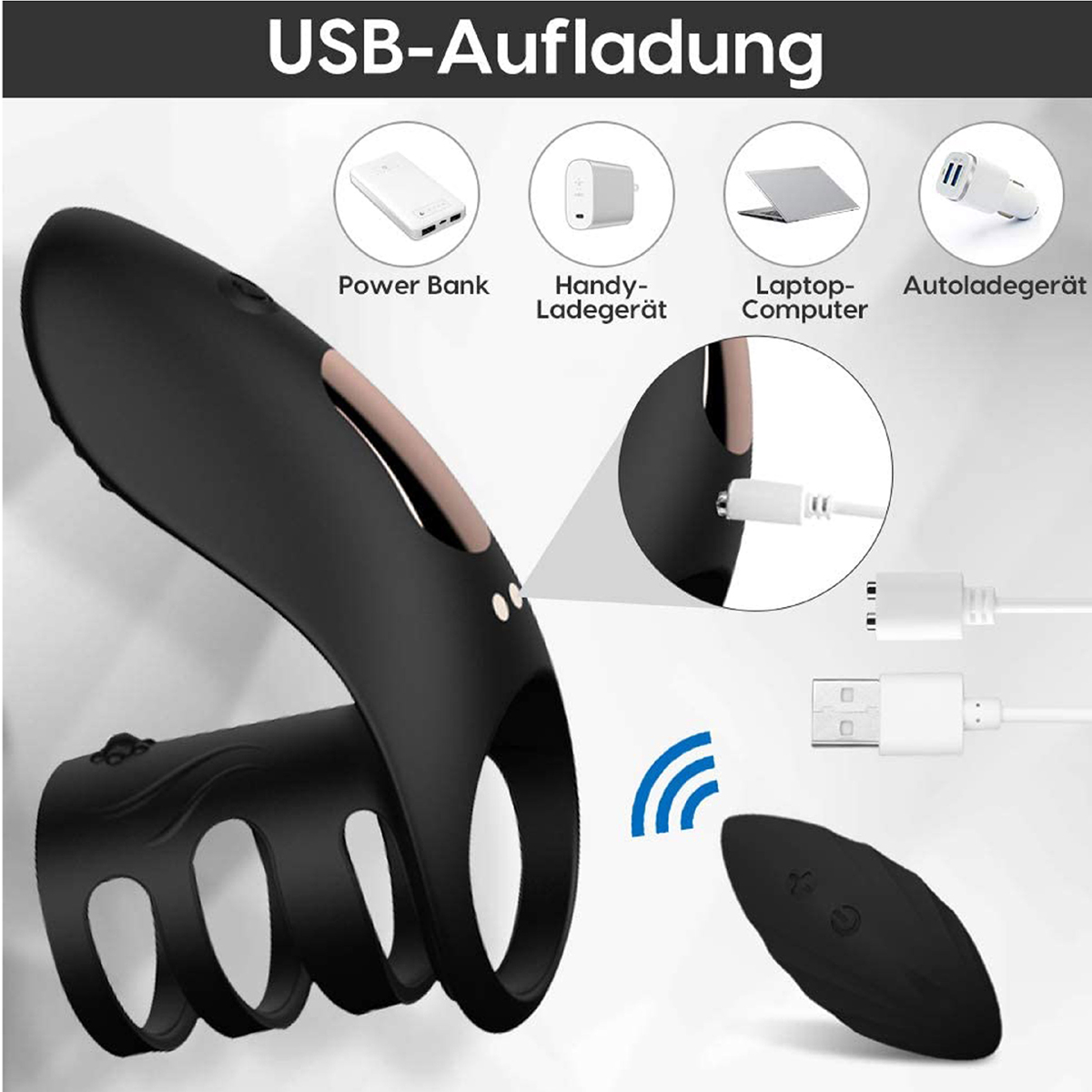 Schwarzes Gerät mit USB-Aufldung. Es zeigt Powerbank, Handy-Ladegerät, Laptop und Autoladegerät.