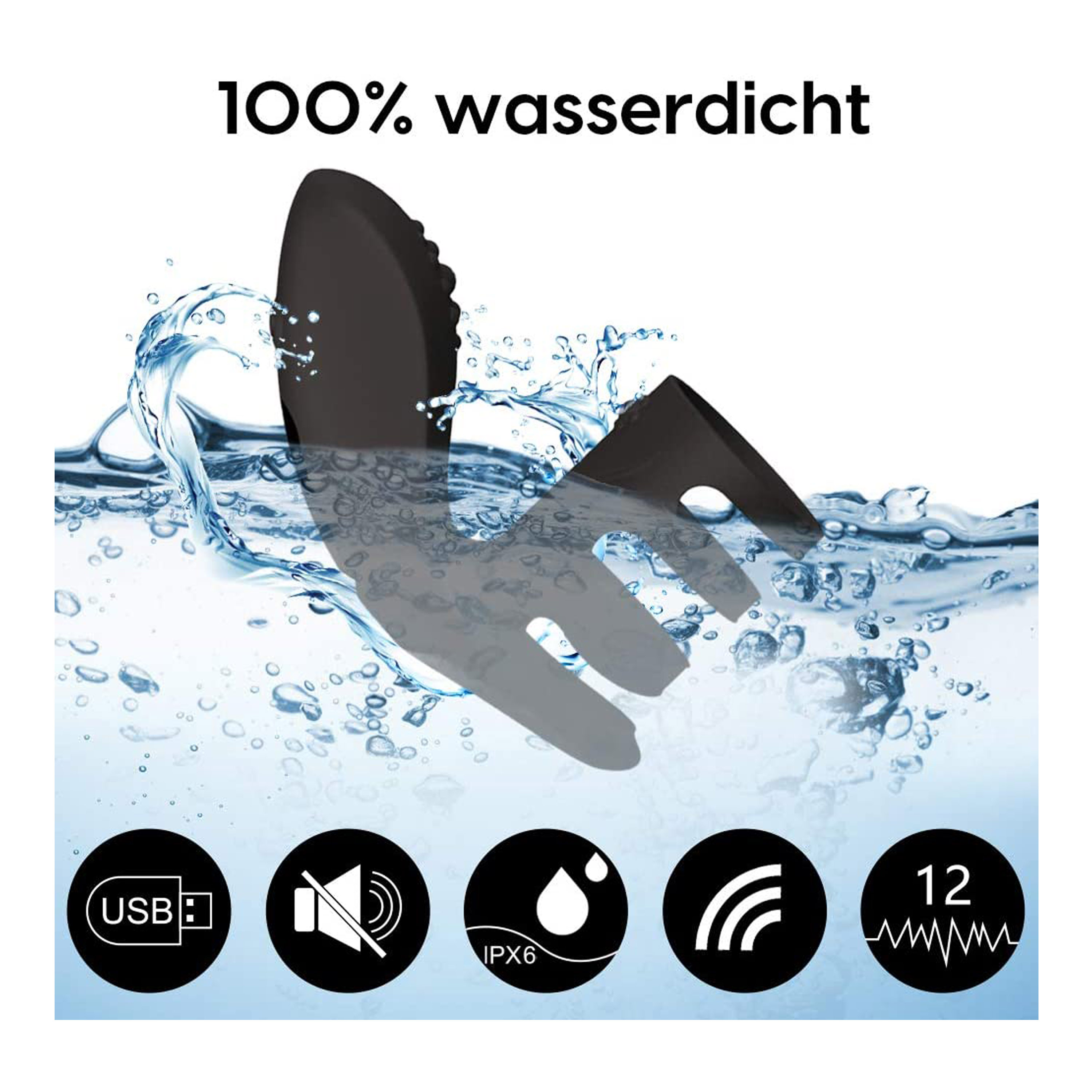 Schwarz-weiße Grafik, die ein schwarzes Objekt in Wasser mit Symbolen zeigt.