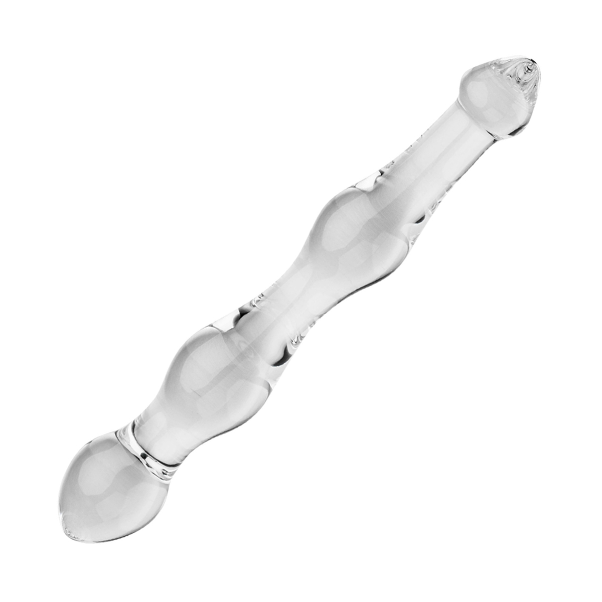 Ein klarer Glasdildo, mit Kurven und verbreiterter Basis, isoliert auf weißem Hintergrund.