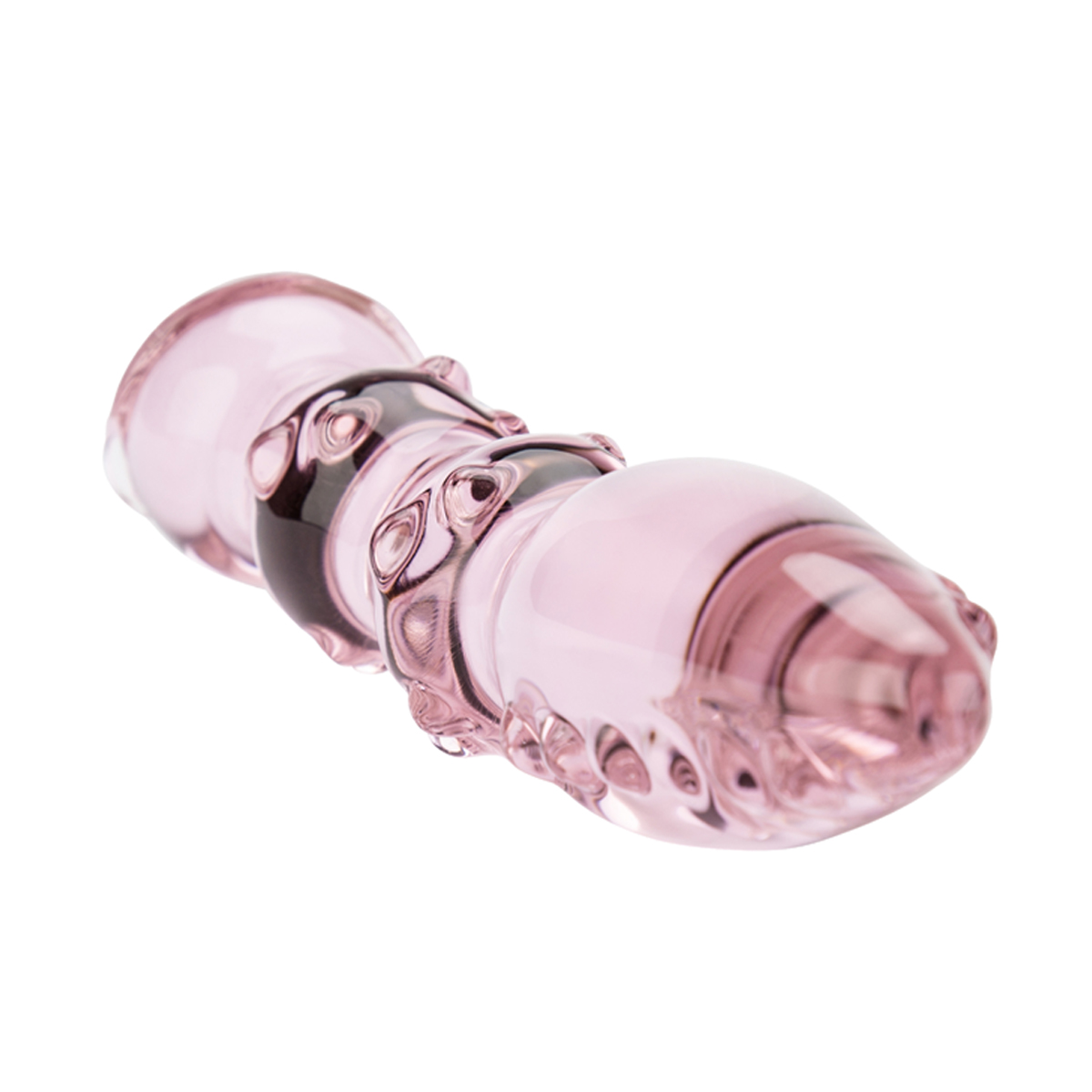 Sexspielzeug aus Glas in Rosa mit schwarzen Details.
