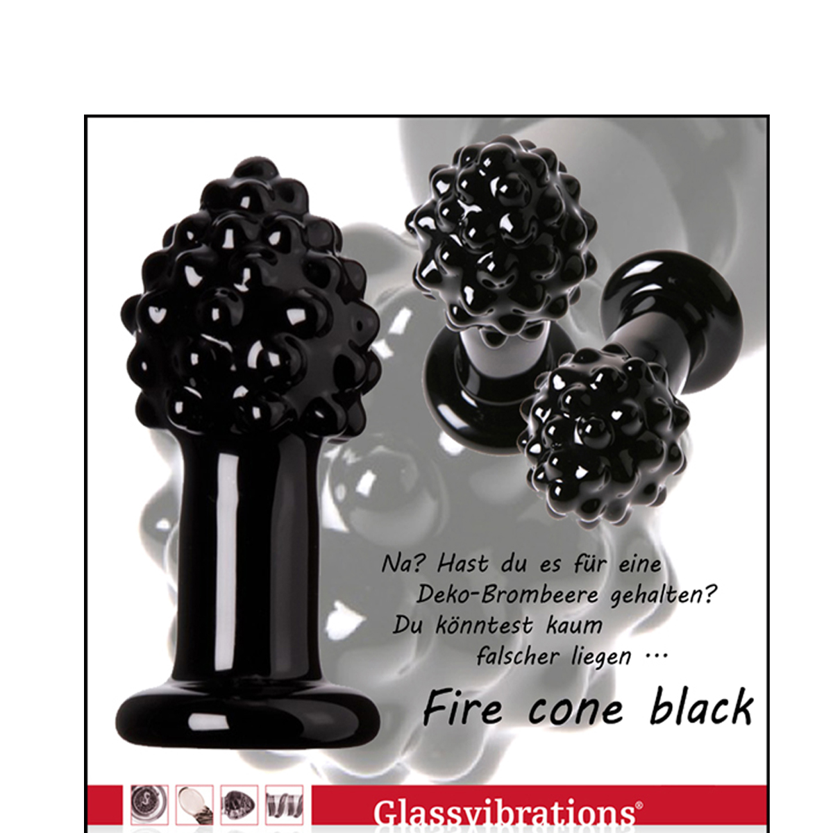 Schwarze und glänzende Glasdildos auf weißem Hintergrund mit Text auf Deutsch.
