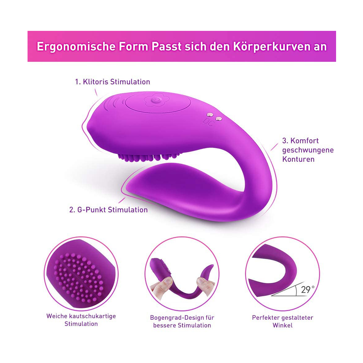 Lila Sexspielzeug mit Diagrammen, die Stimulationsbereiche und Merkmale angeben.