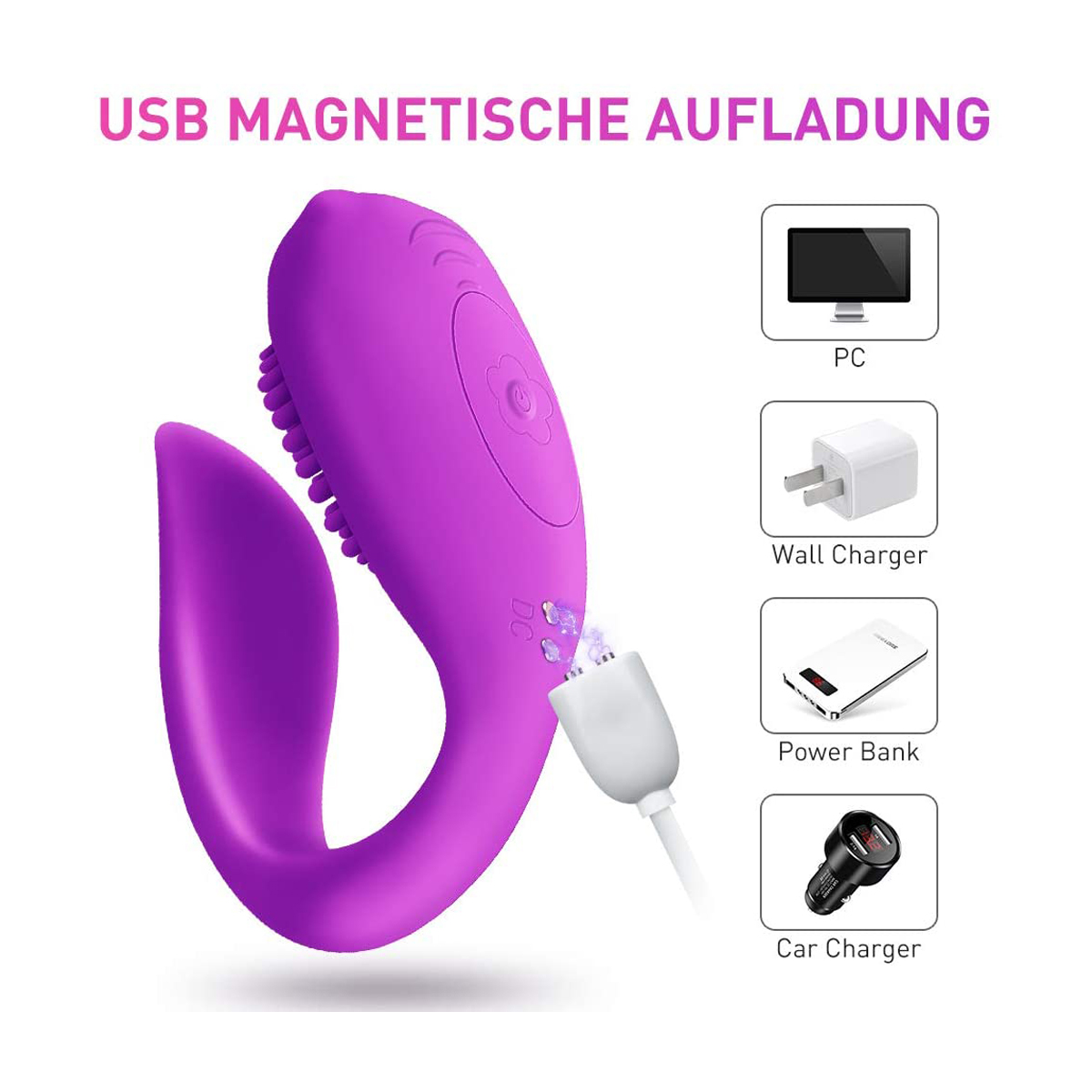 Lila Sexspielzeug mit USB-Aufladung und Ladegeräten. Enthält PC, Wandladegerät, Powerbank und Autoladegerät.