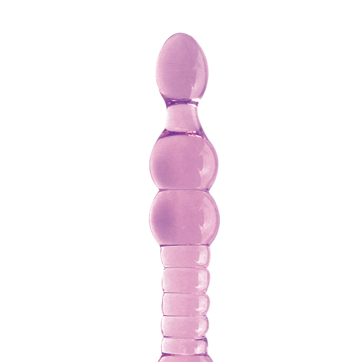 Ein klares Glasobjekt mit rosa Design auf weißem Hintergrund.
