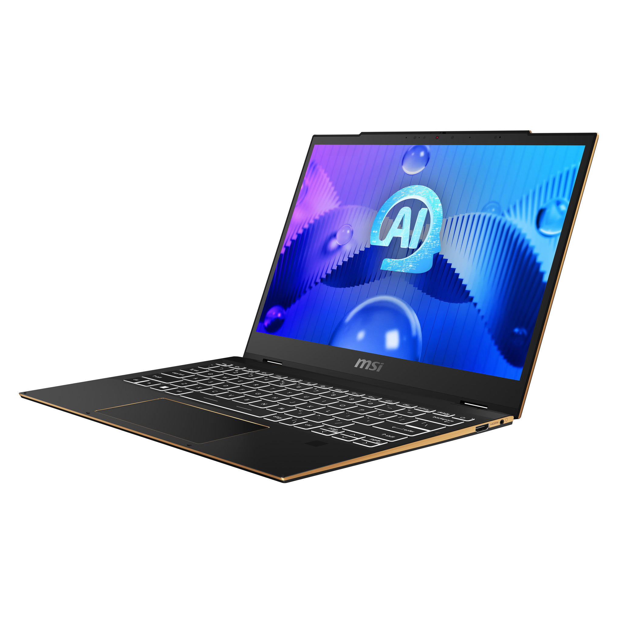 Un portátil negro con borde dorado y una pantalla que muestra un logotipo de IA.