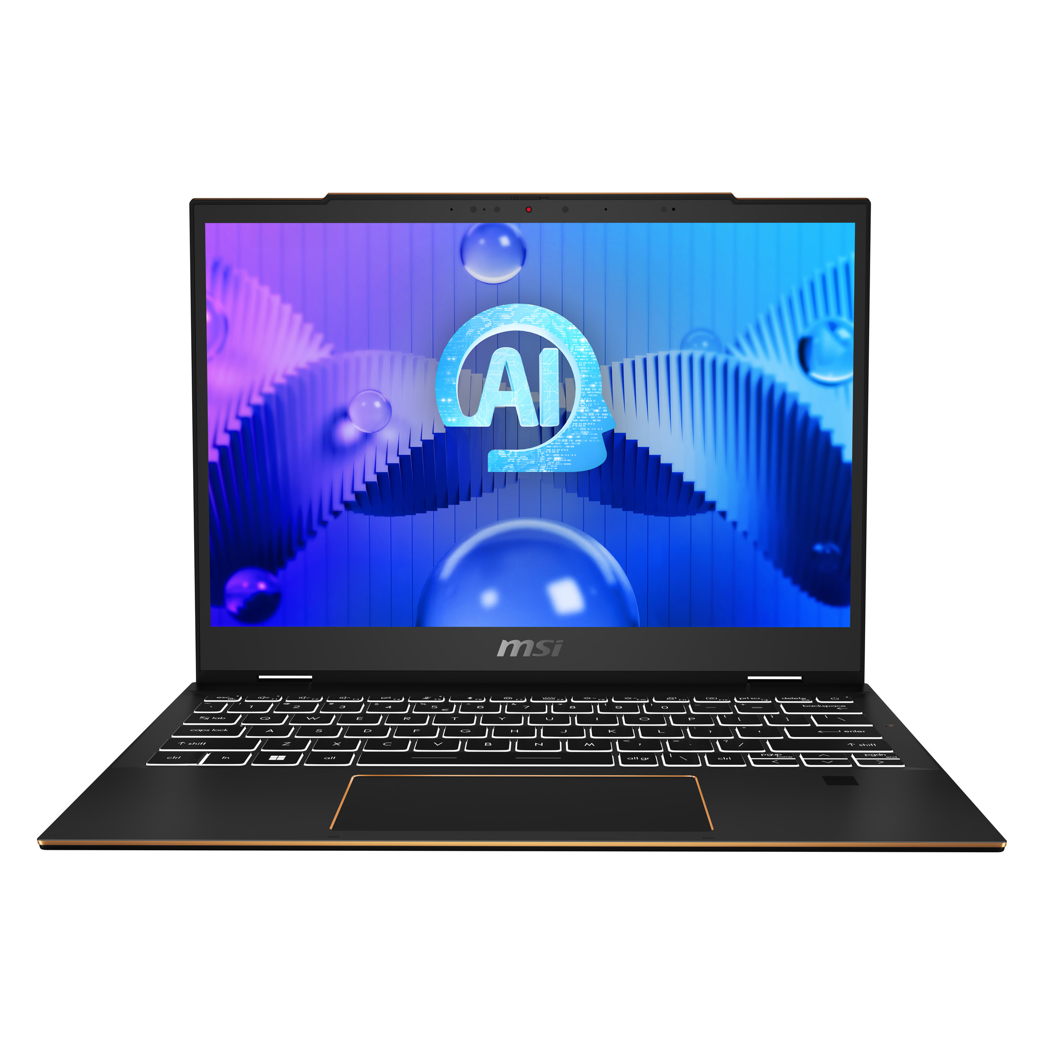 Laptop MSI sobre fondo blanco. Pantalla muestra gráfico de IA. Detalles dorados en bordes y teclado.