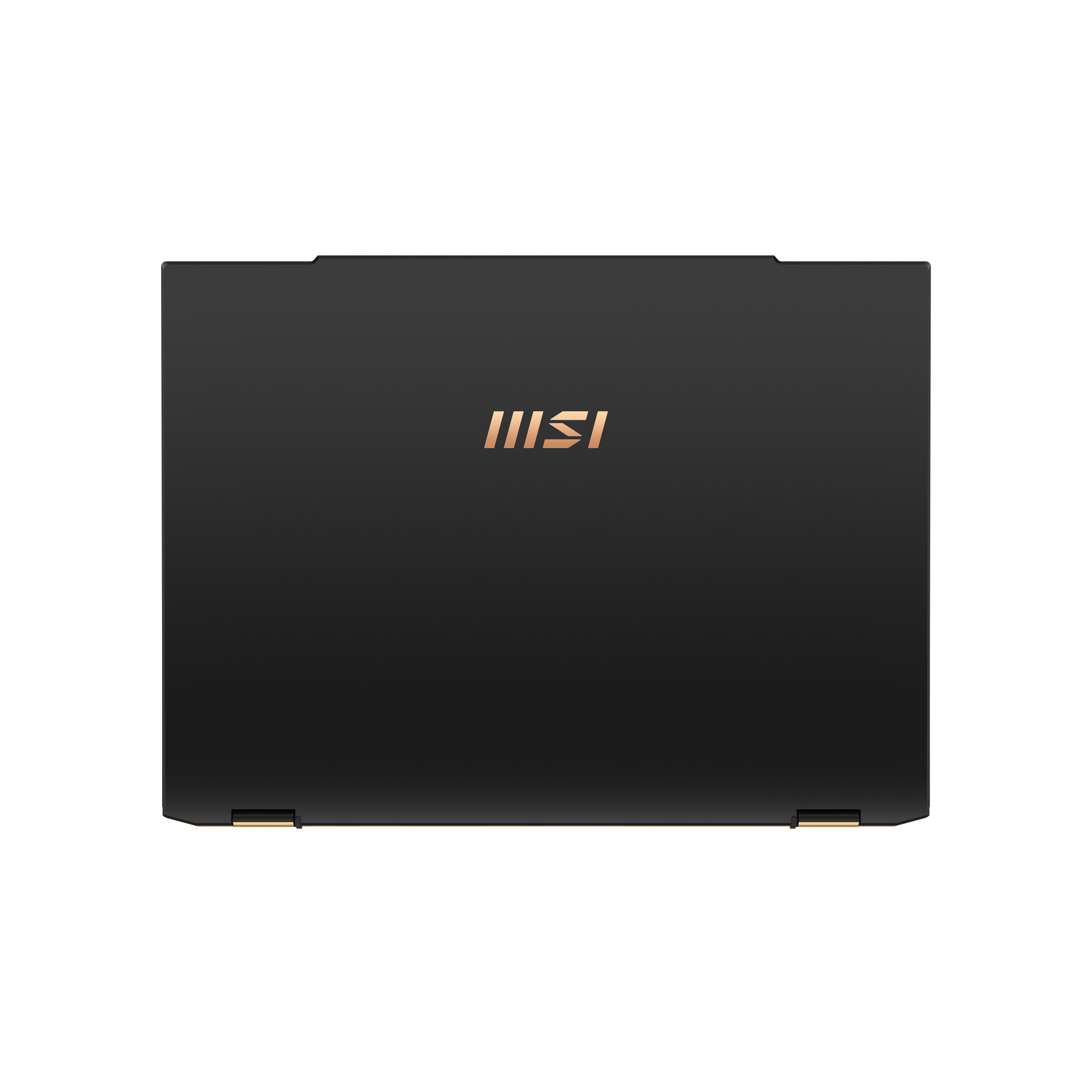 Czarny laptop, zamknięty, widok z góry, ze złotym logo na pokrywie.