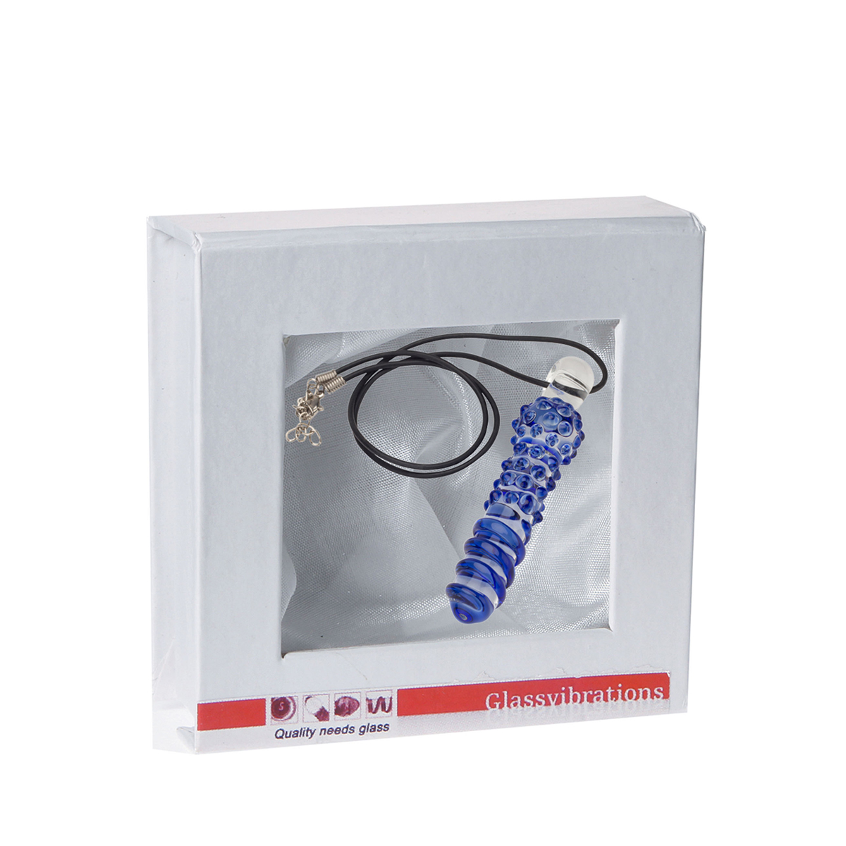 Blaues Glas-Sexspielzeug in einer weißen Box mit Fenster. Eine schwarze Schnur hängt vom Spielzeug. Der Hintergrund ist weiß.