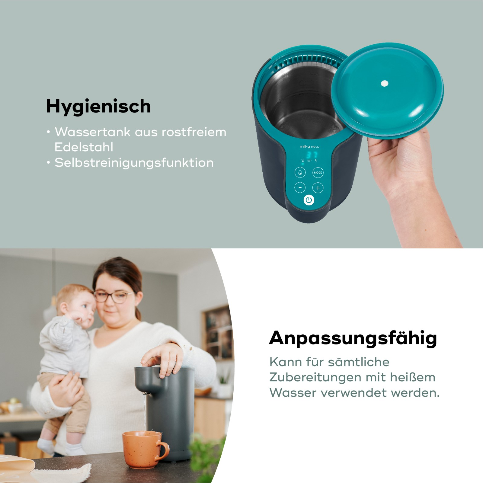 Ein Babykostzubereiter mit Text über Hygiene, Edelstahl und Selbstreinigungsfunktion. Eine Frau mit Baby ist auch dabei.