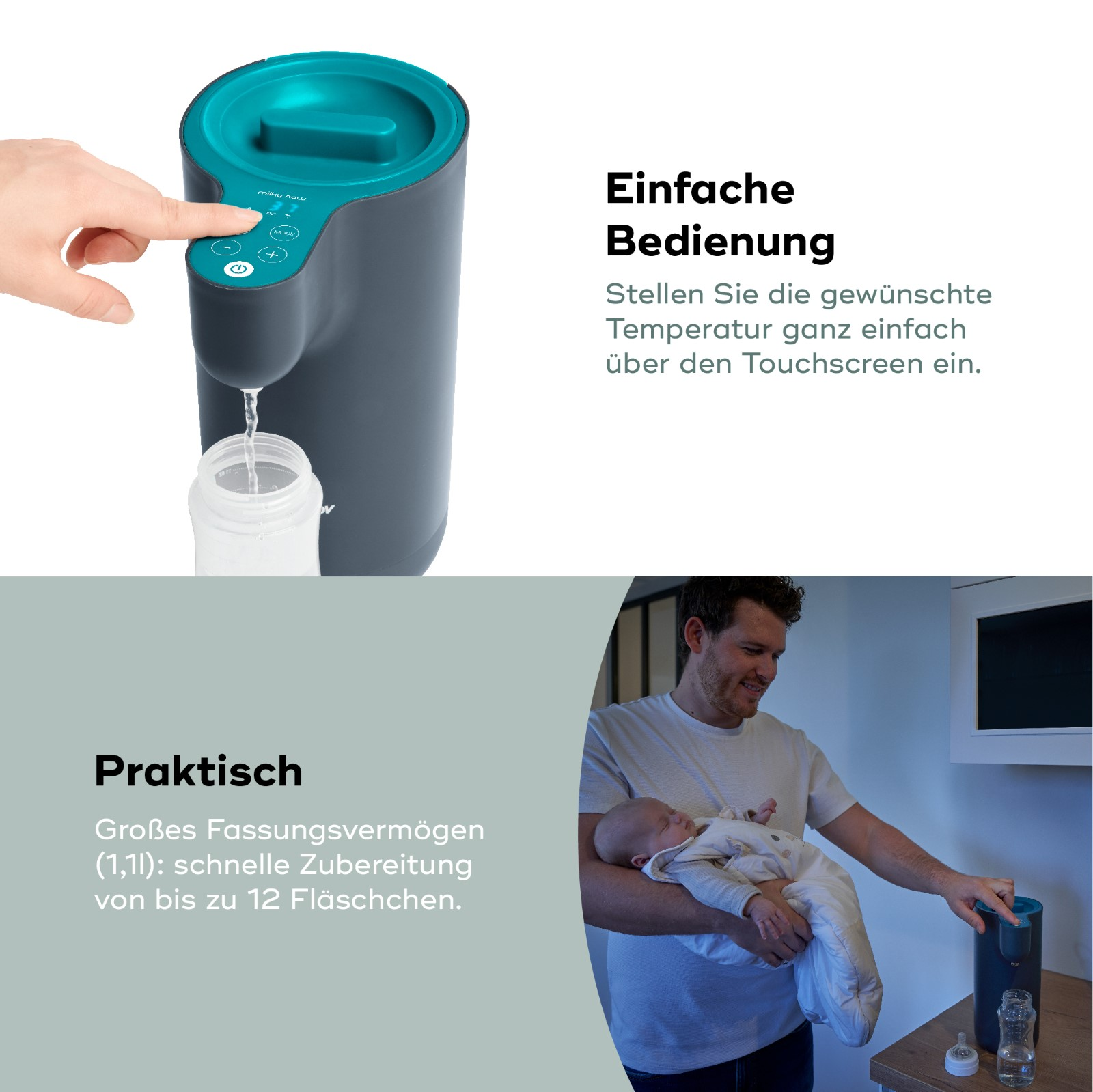 Ein Babyflaschenwärmer mit Digitalanzeige, Babyflasche und Mann mit Baby.