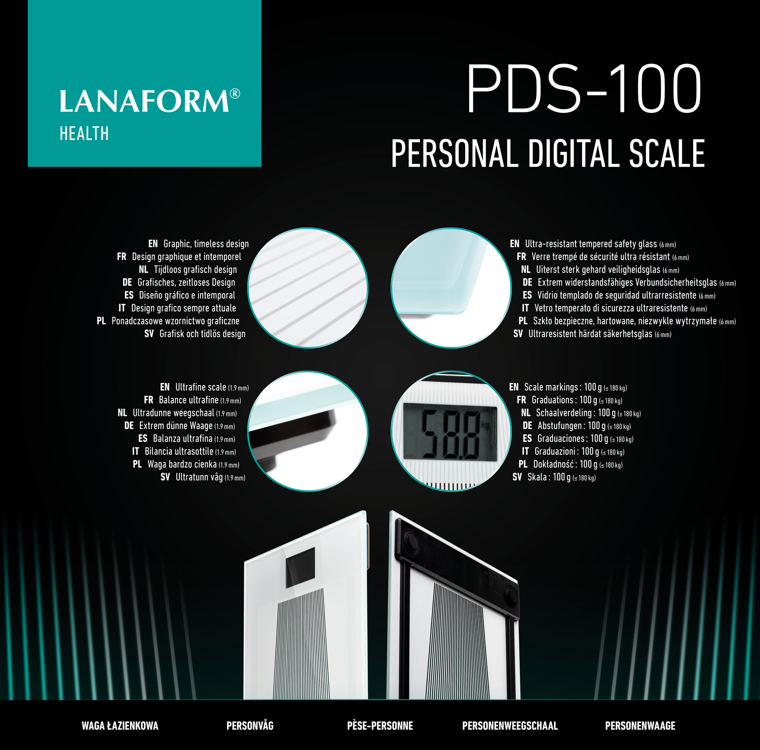 Biała waga cyfrowa z ekranem wyświetlającym liczbę i tekstem ze szczegółami.