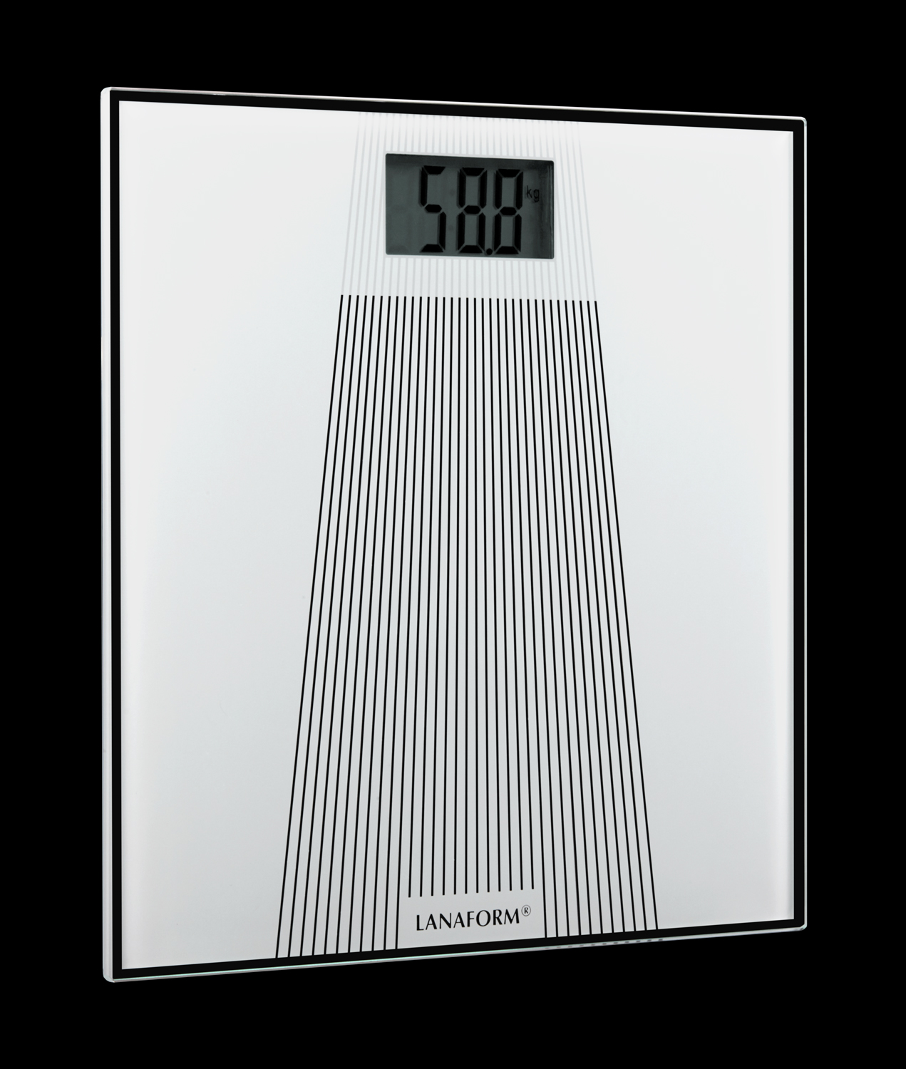 Biała waga cyfrowa z czarnymi liniami, wyświetla 58,8. Marka Lanaform. Czarne tło.