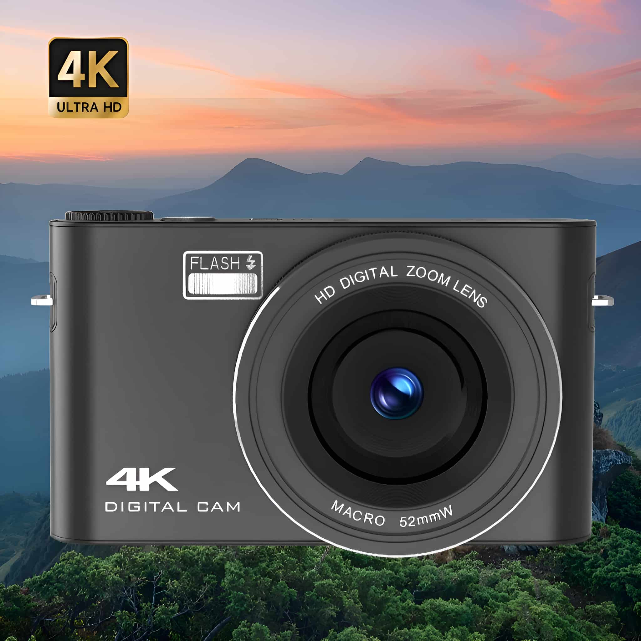 Eine schwarze 4K-Digitalkamera mit Objektiv, der Himmel und die Berge im Hintergrund.