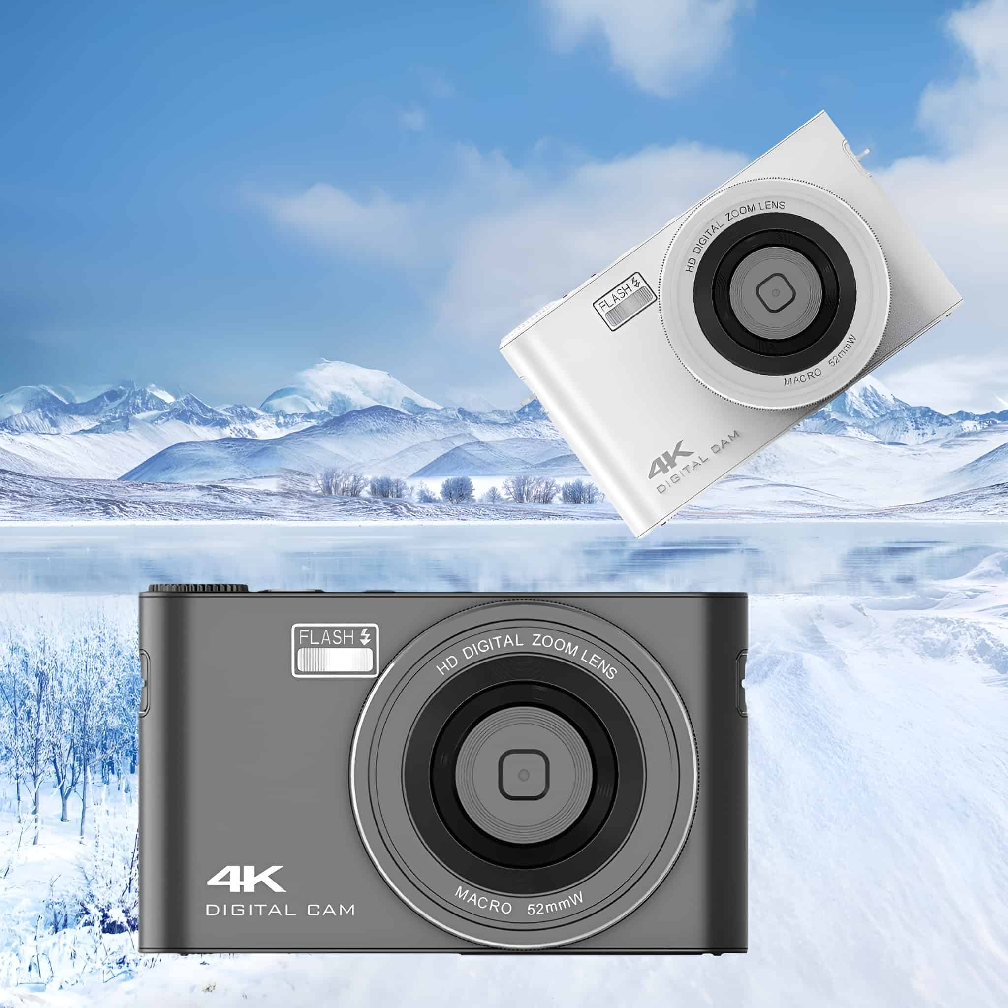 Zwei Digitalkameras, eine graue und eine weiße, mit Winterhintergrund.