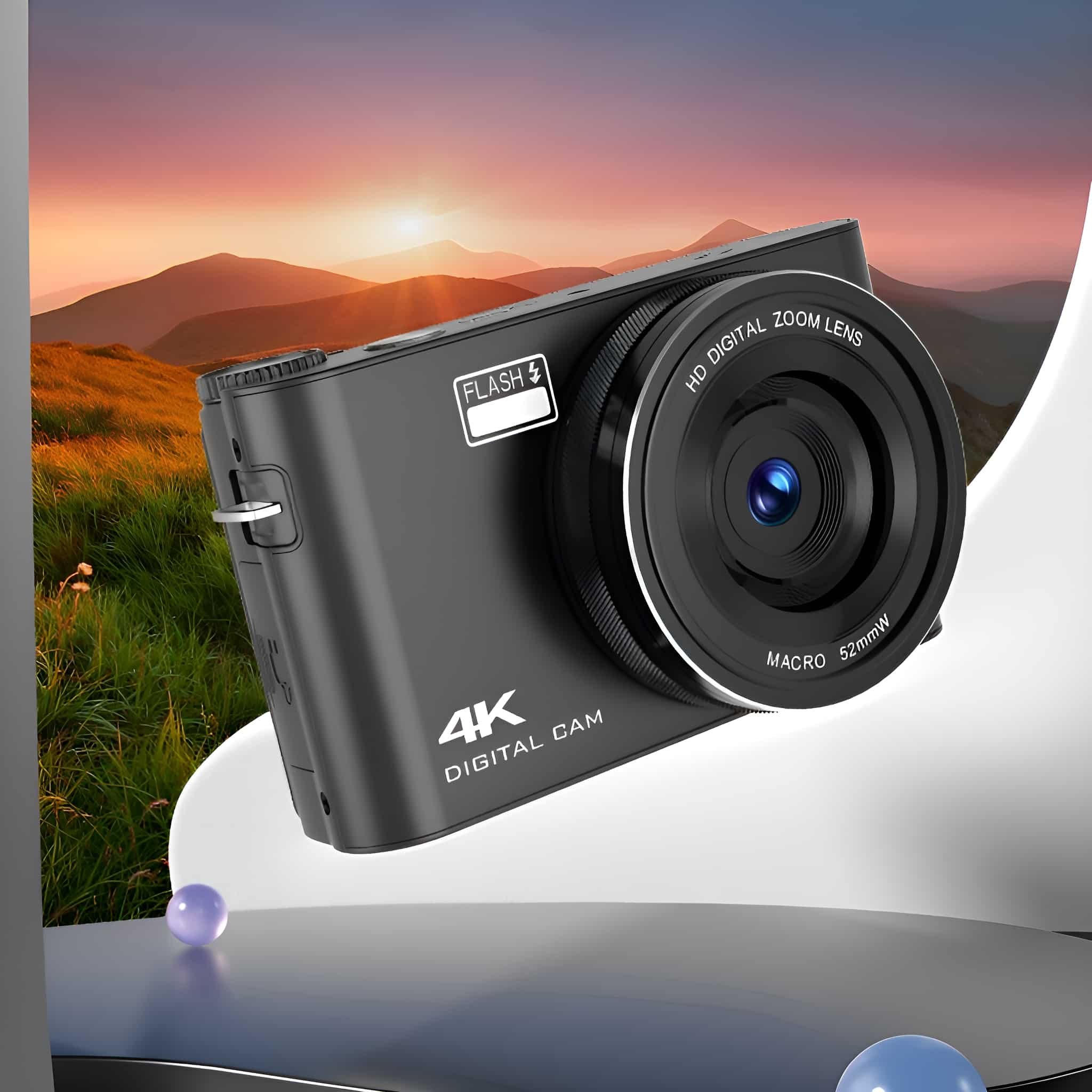 Schwarze Digitalkamera mit Objektiv, Blitz und Sonnenuntergang.
