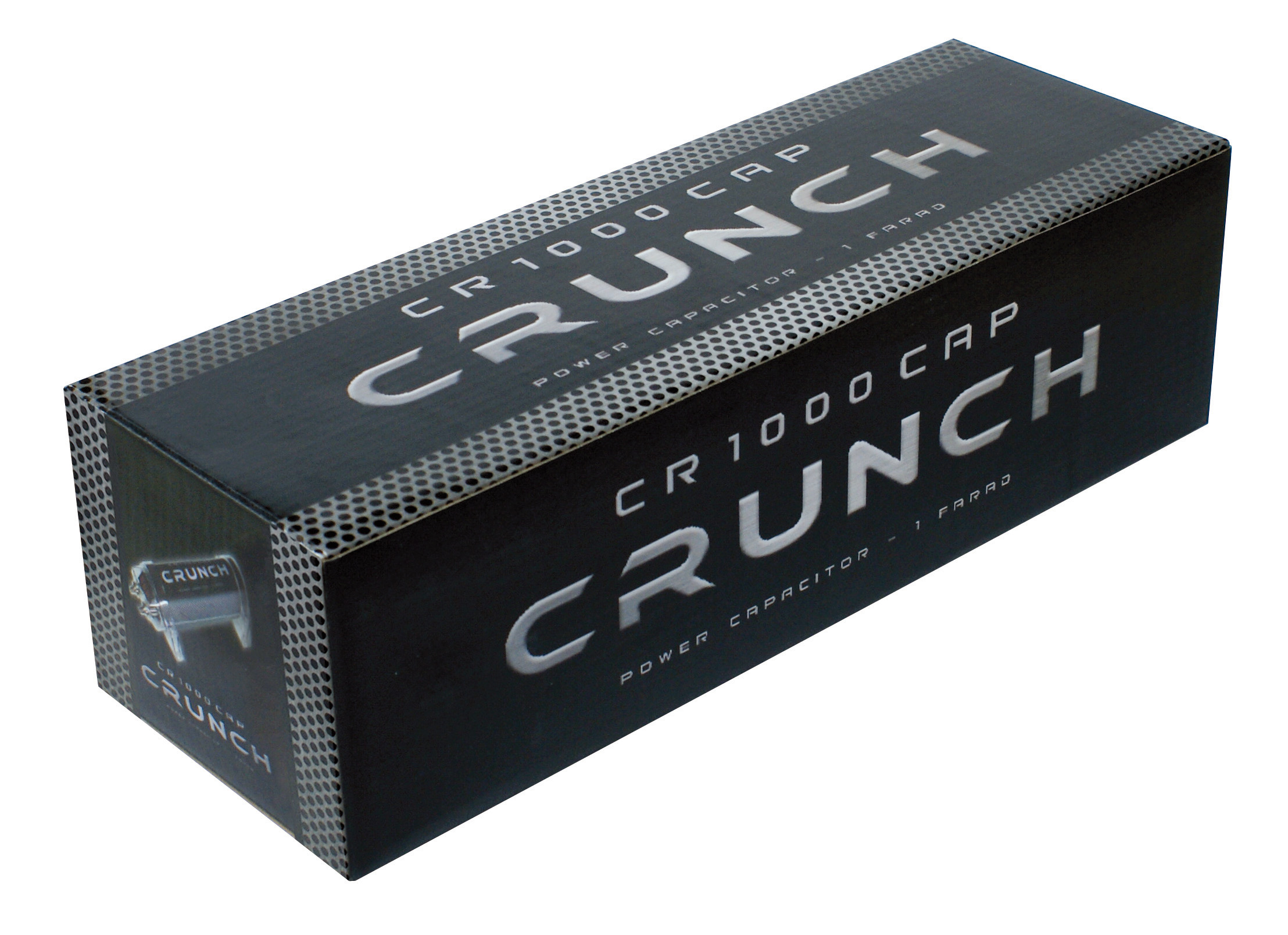 Schwarze Box mit weißem Text, beschriftet CRUNCH CR 1000 CAP POWER CAPACITOR.